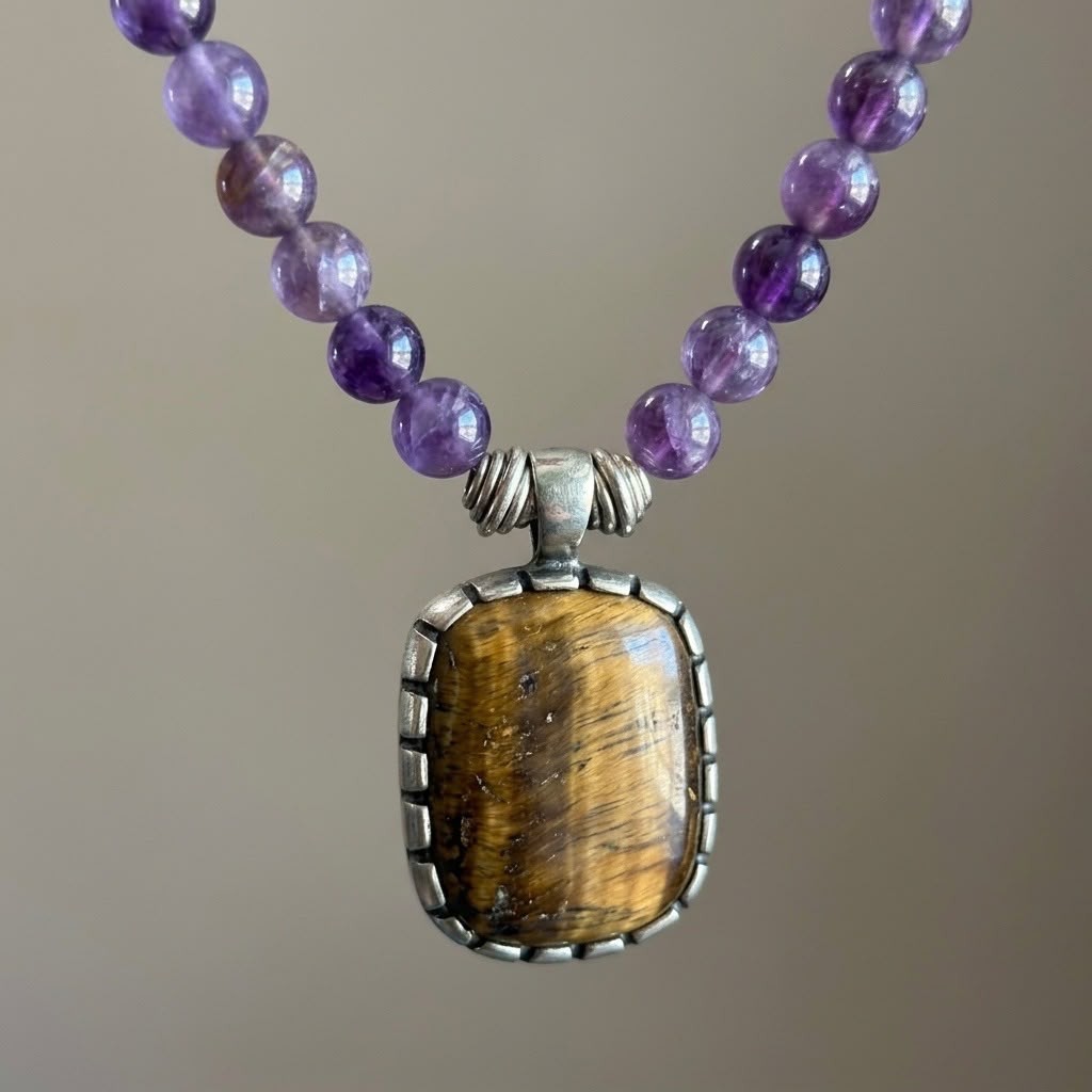 Handmade Amethyst Tiger Eye Necklace Nepal Silver Pendant Gemstone Choker