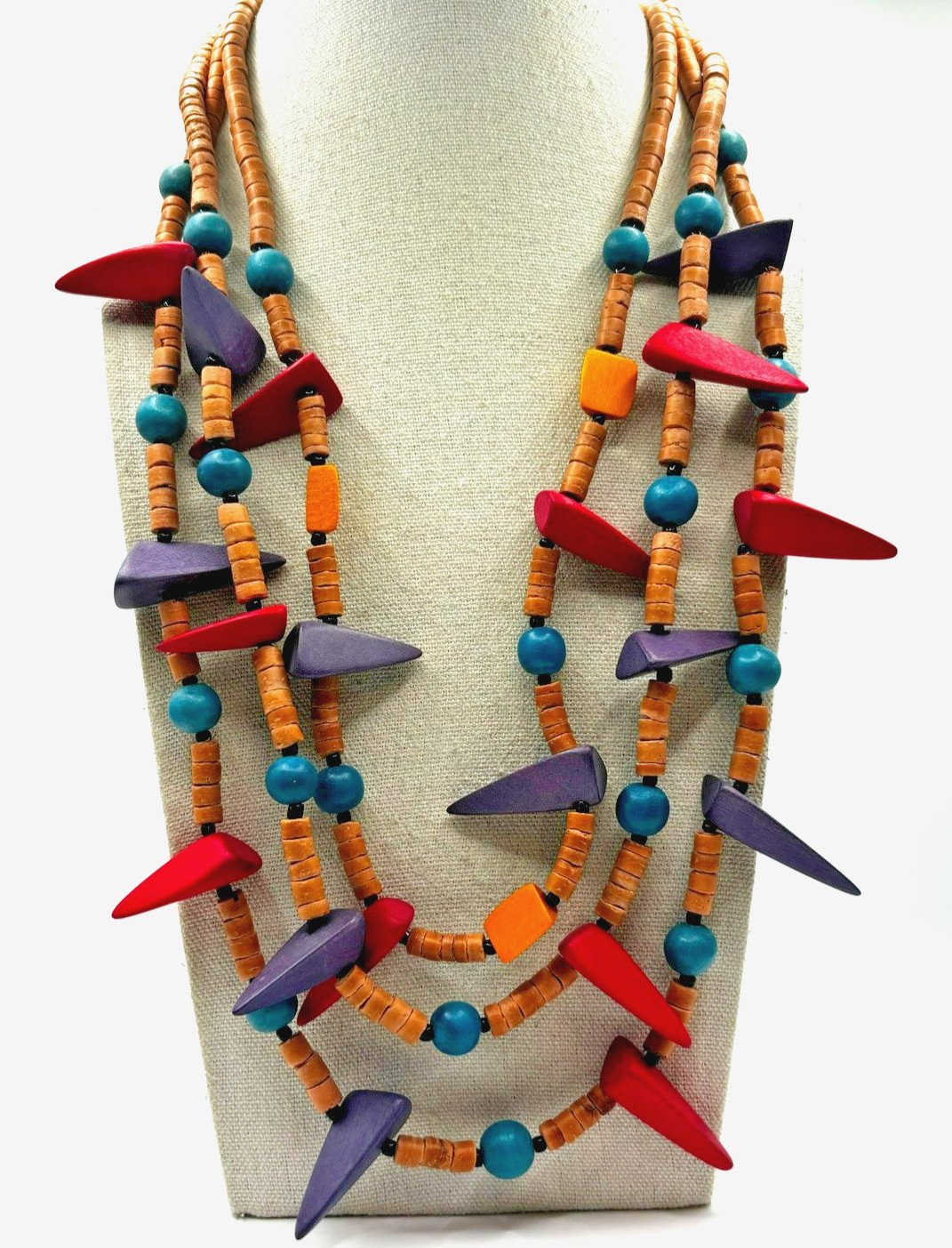 Three Strand Multicolor Chunky Geometric Wood Bead Layered Necklace Handcrafted
