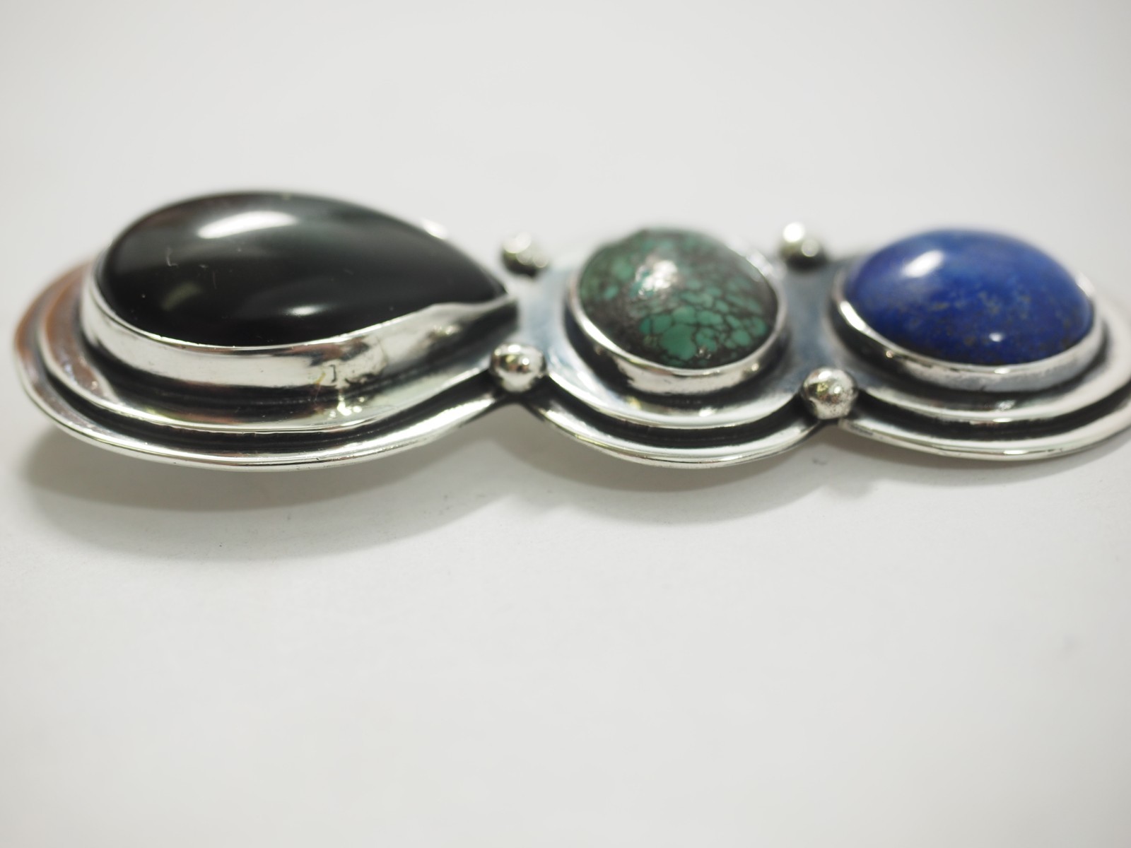 Great 3 stone Artisan Pendant Black Onyx Turquoise & Lapis Sterling Silver 3.3″