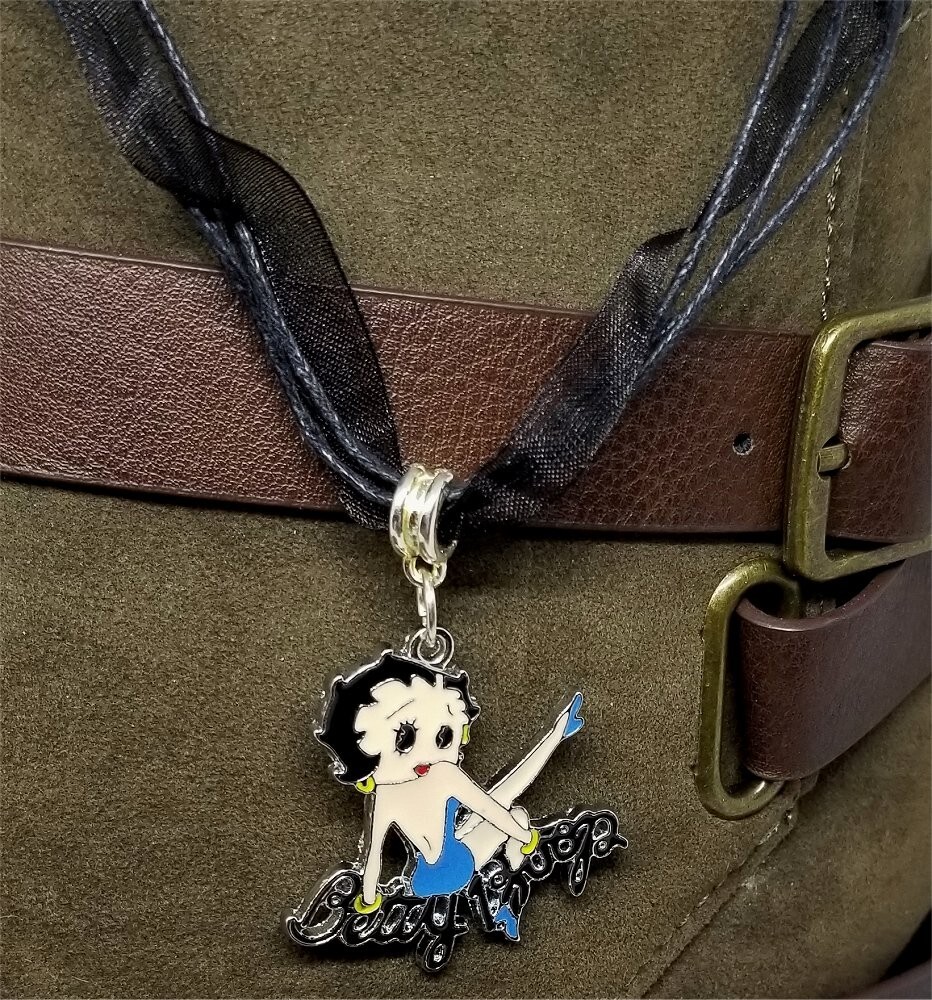 Betty Boop in a Blue Dress Charm Necklace on Black Ribbon Cord