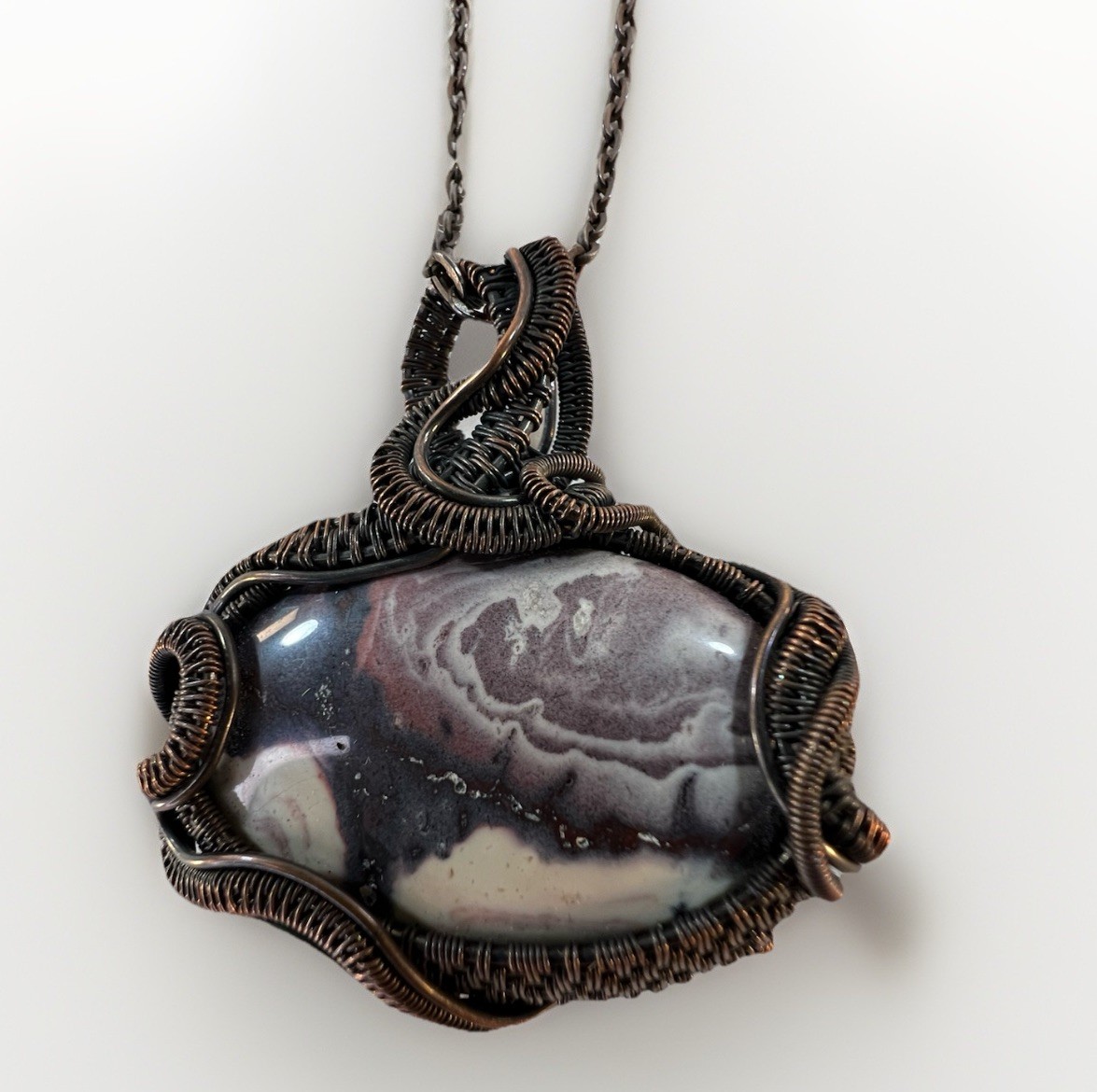 Fancy or Sci Fi Jasper Necklace Hand Wrapped in Copper with 20″ Copper Chain