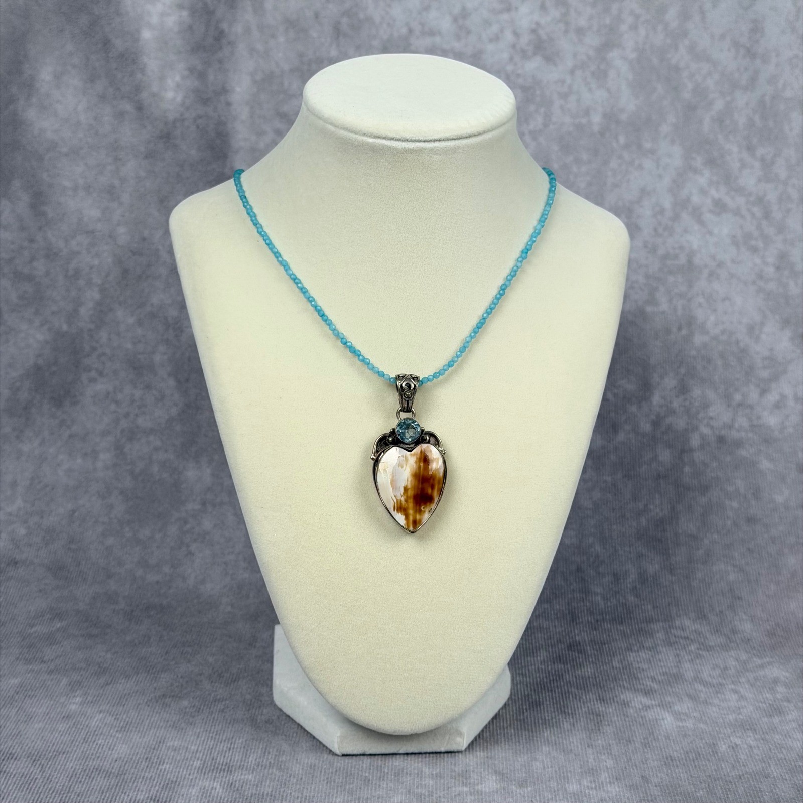Artisan Sterling Silver Blue Topaz Shell Heart Pendant Opal Bead Necklace BOHO