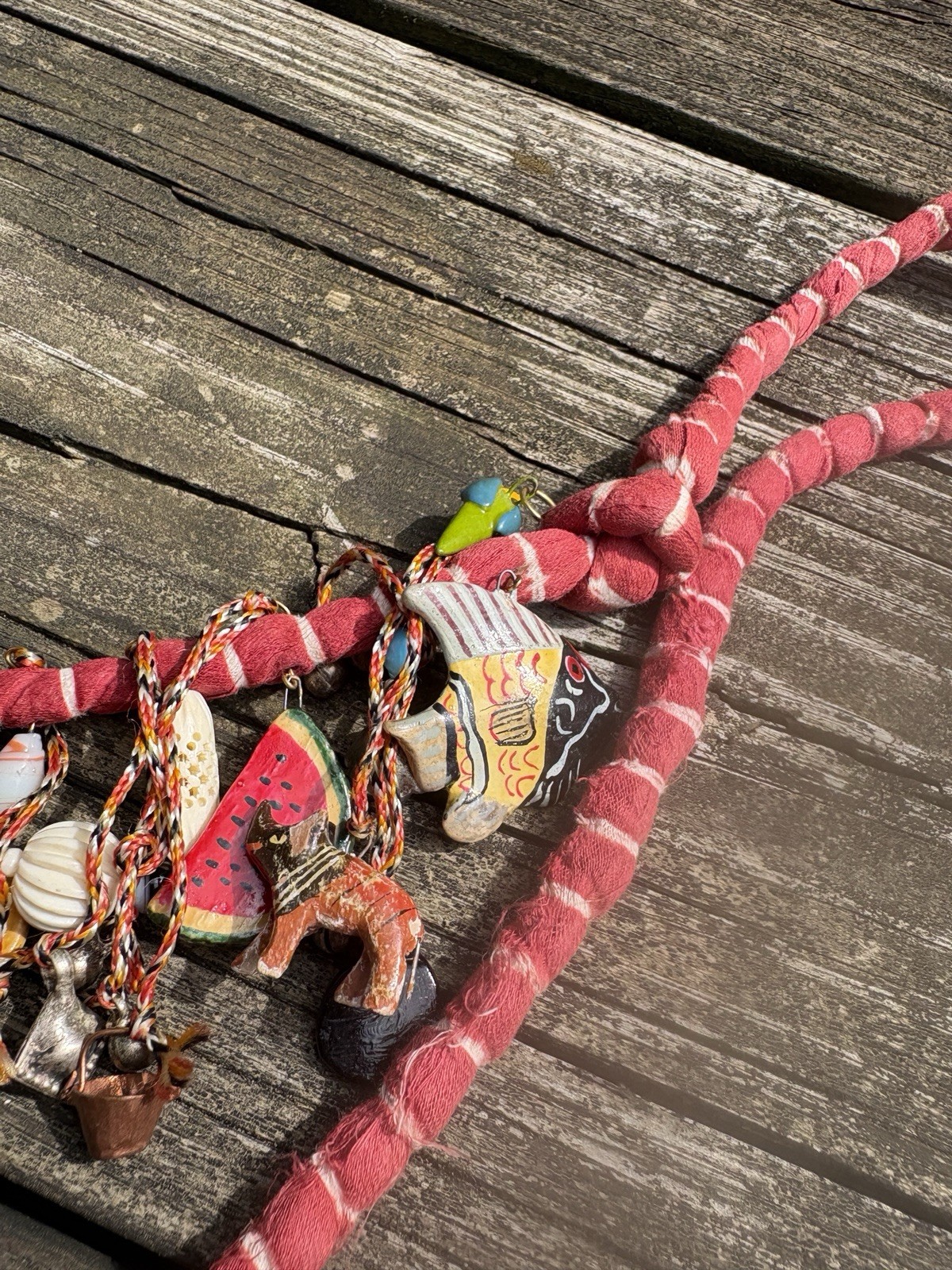 Handcrafted Natural Charms & Beads Necklace Artisan Boho On Fabric Cord