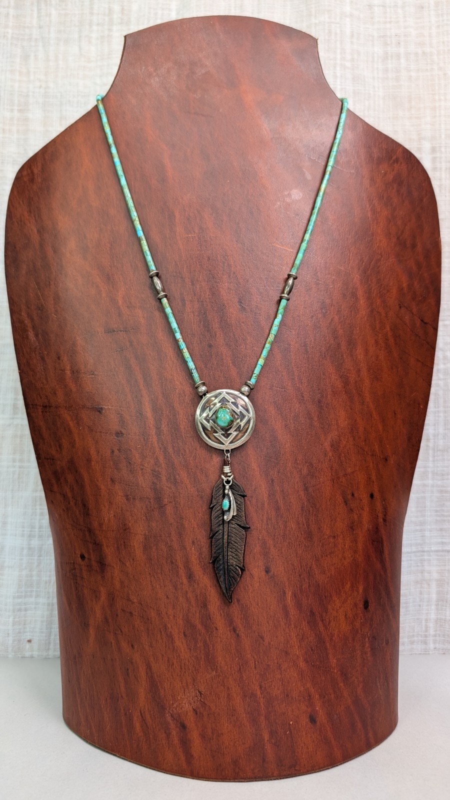 Vintage Jean Duffy Turquoise Necklace Sterling Silver Altered Leather Feather