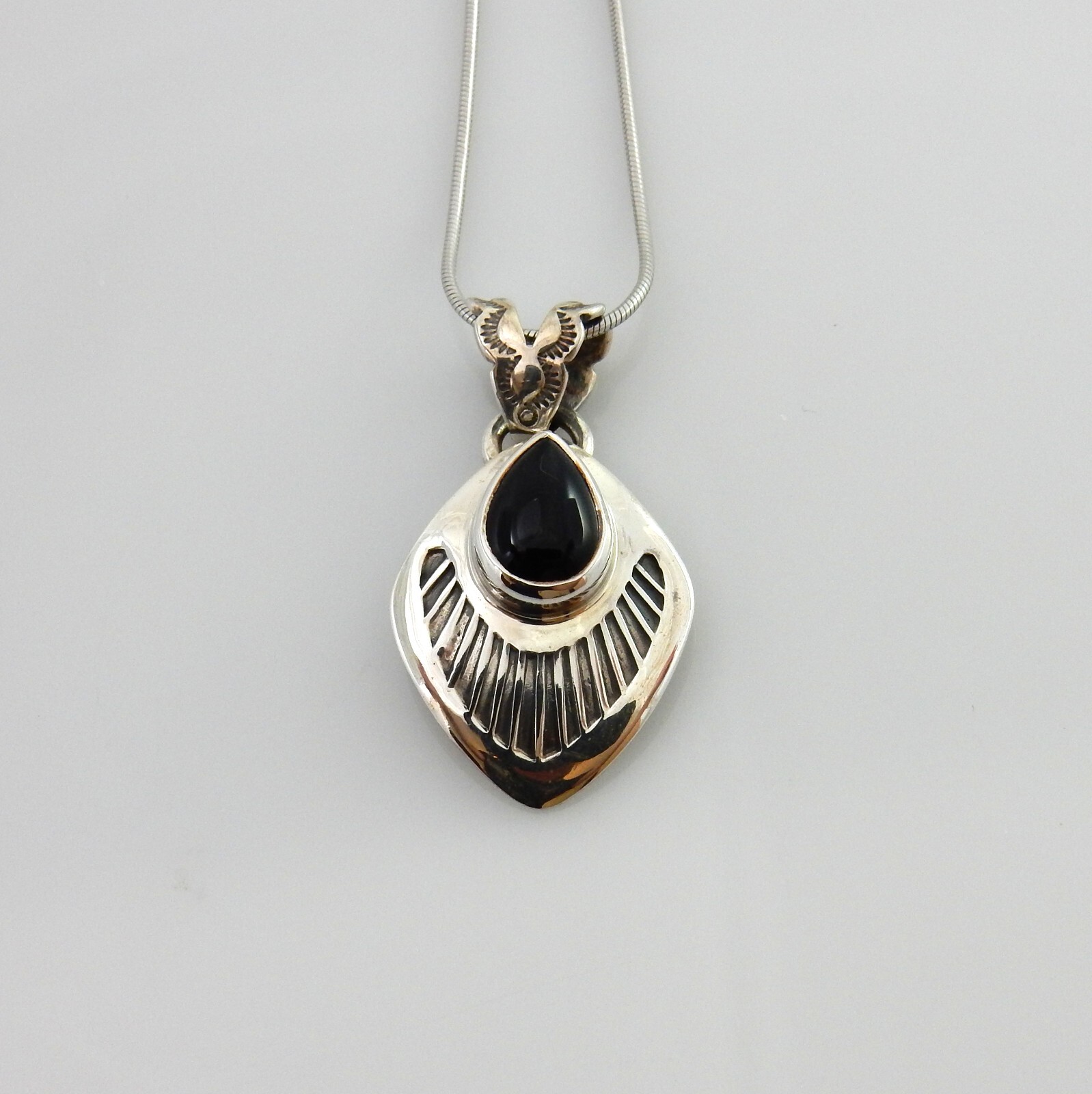 Handmade Sterling Silver Black Onyx Stamped Pendant w/ Chain