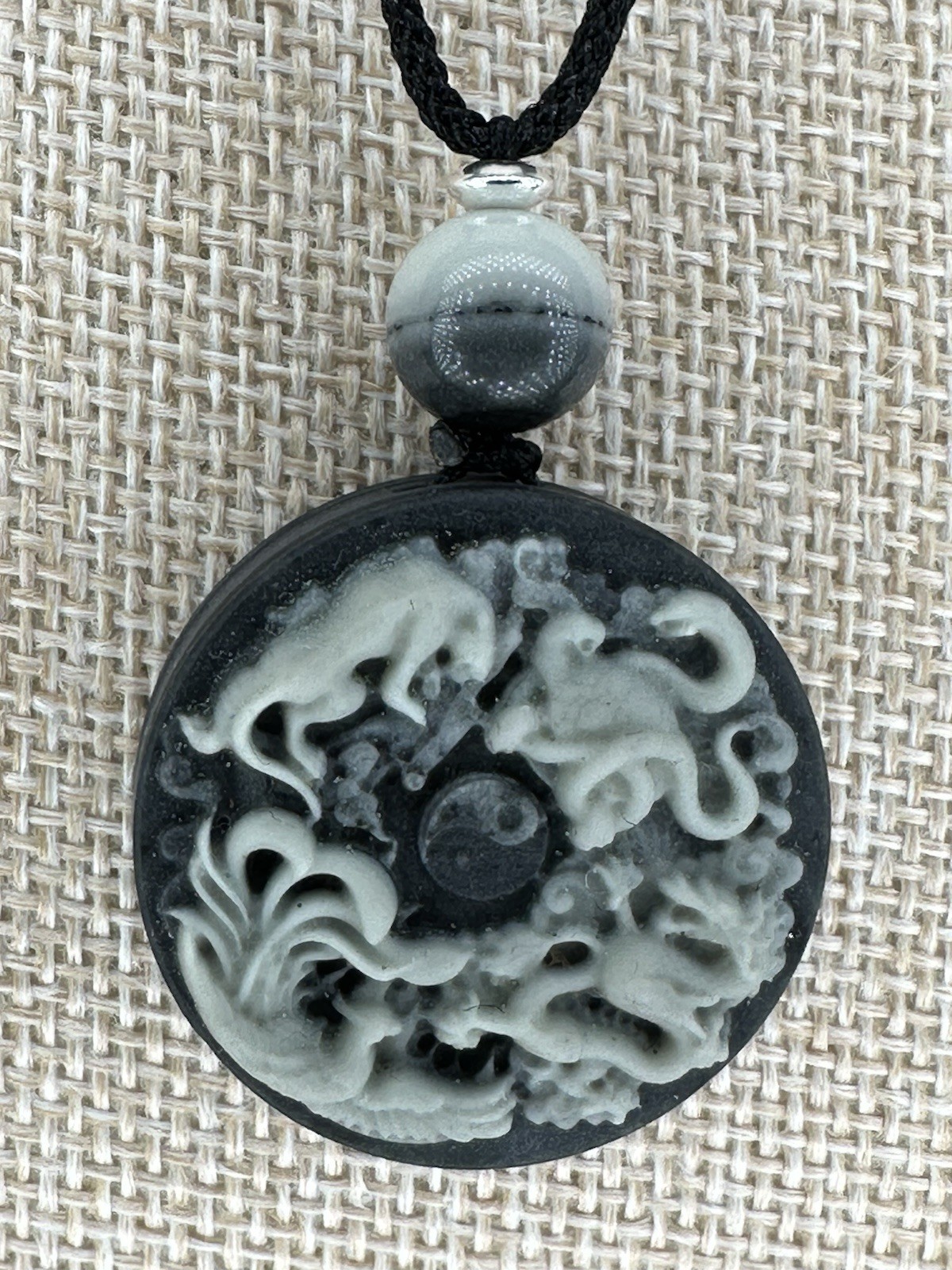 Tai Chi Stone Phoenix Dragon Tiger Snake Pendant Necklace Silver Accent On Rope