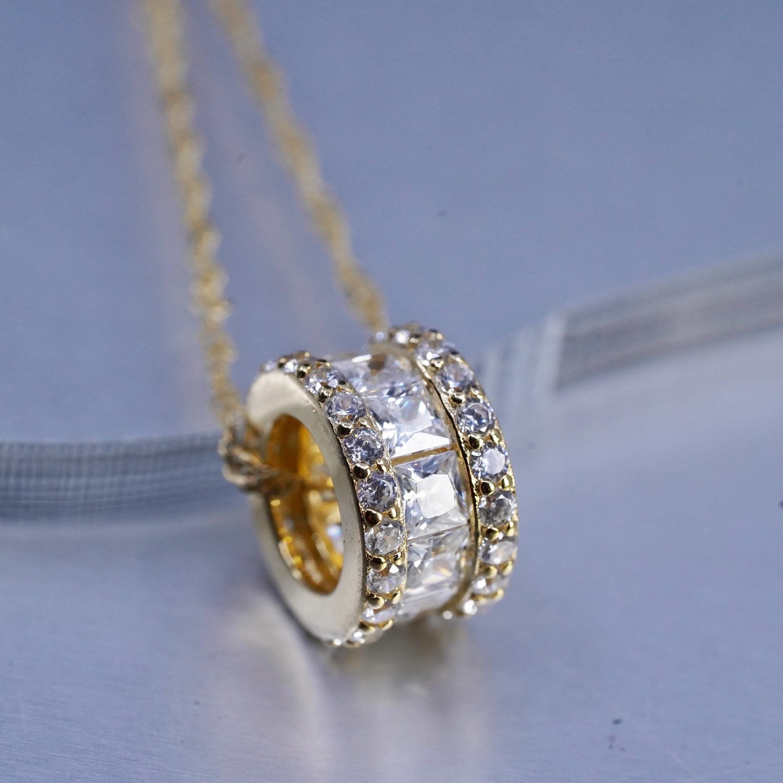 17+2″ vermeil gold Sterling 925 silver twisted curb necklace cluster cz pendant