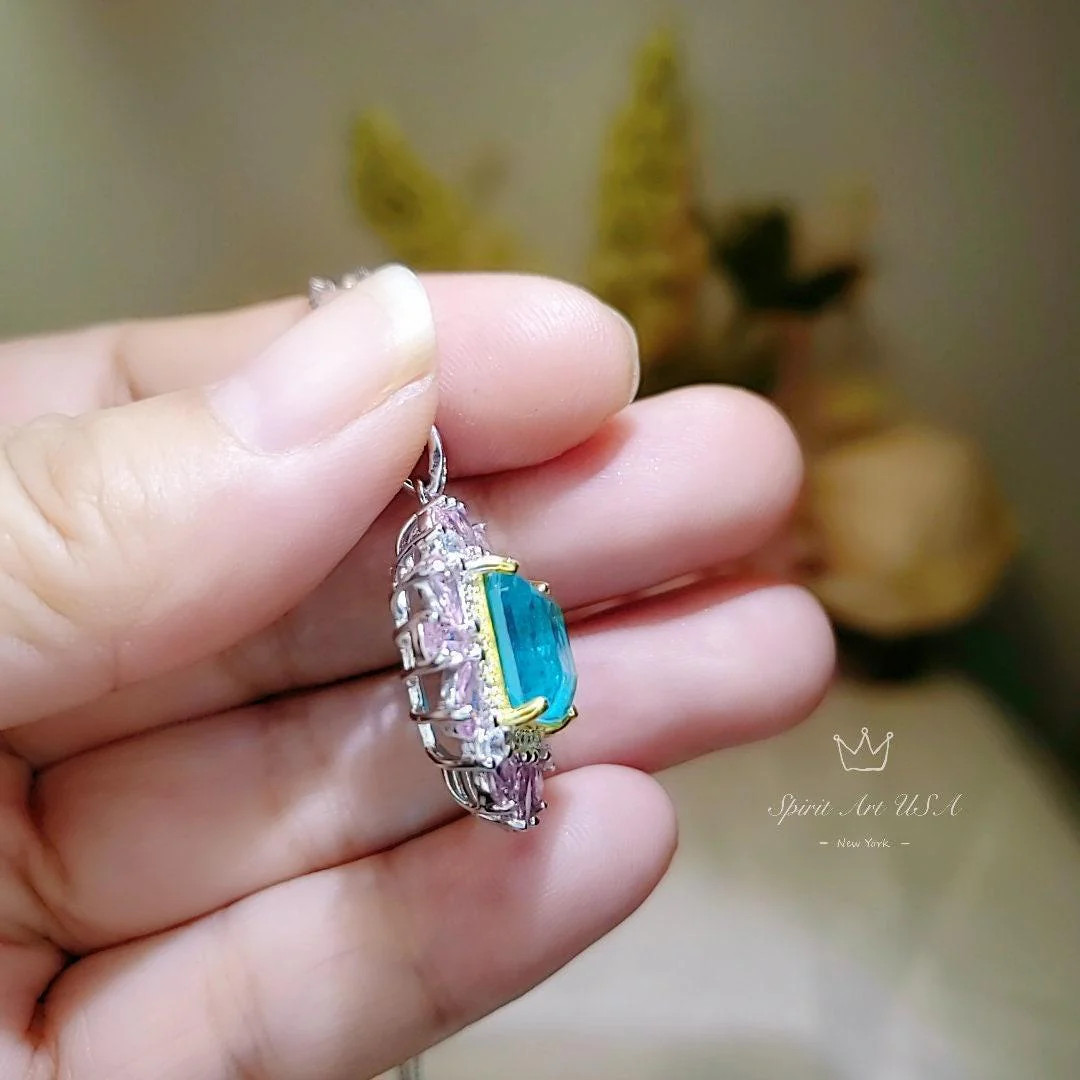 Large Square Paraiba Necklace Pink Topaz Sim Gemstone Pendant White Gold coated