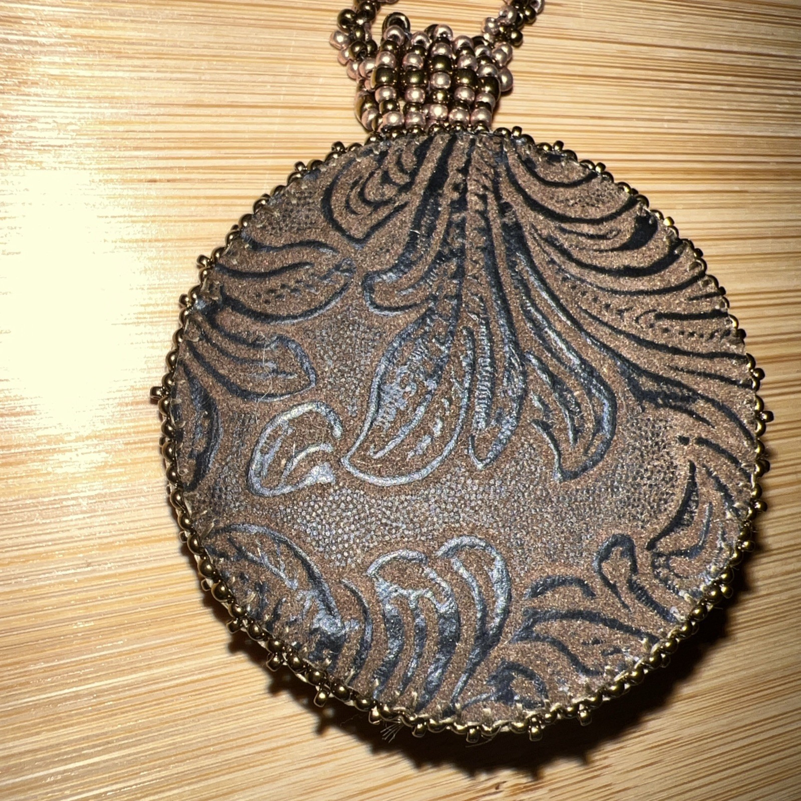 Handmade Bead Embroidery Pendant With Gold & Bronze Bead Woven Necklace