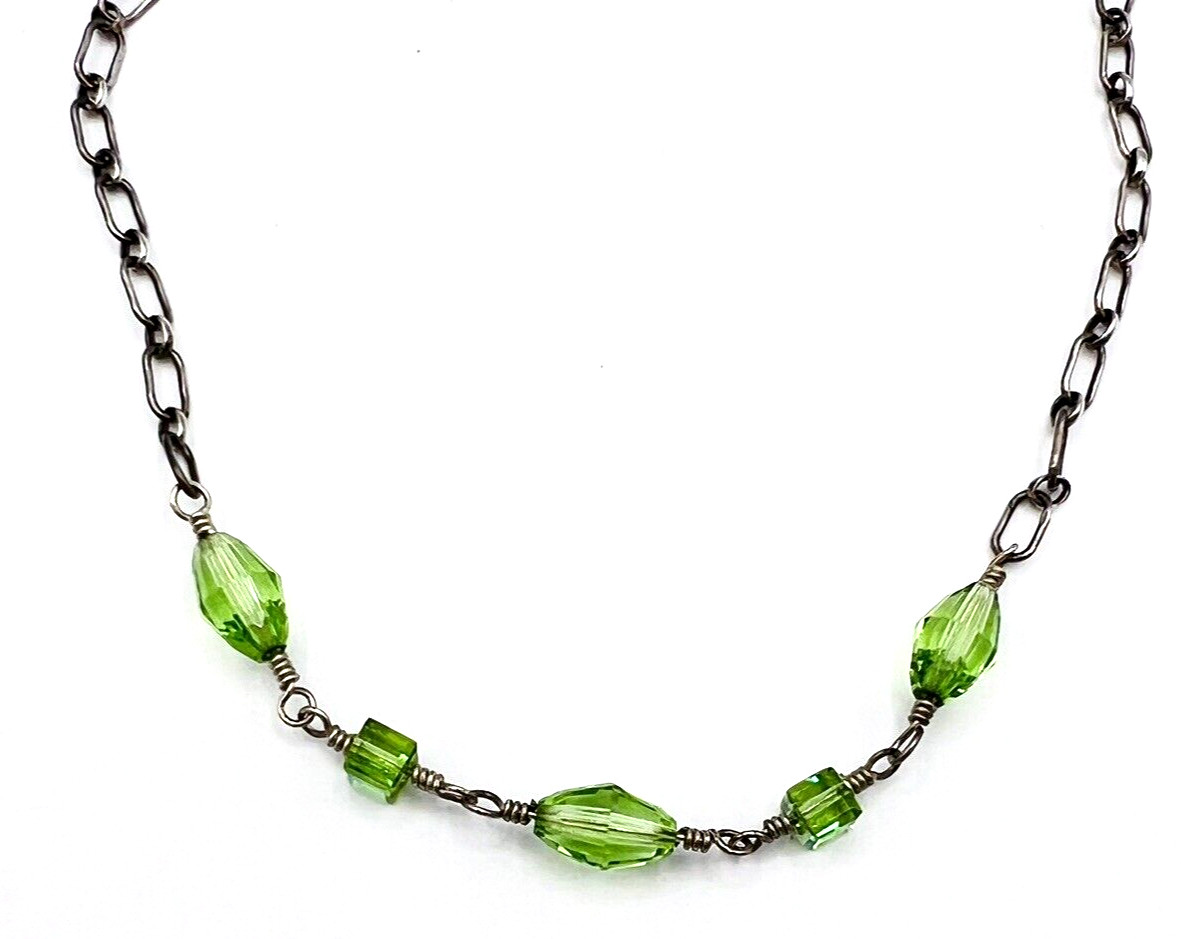 Green Blue Glass Bead 925 Sterling Silver Paperclip Chain Necklace 19 in