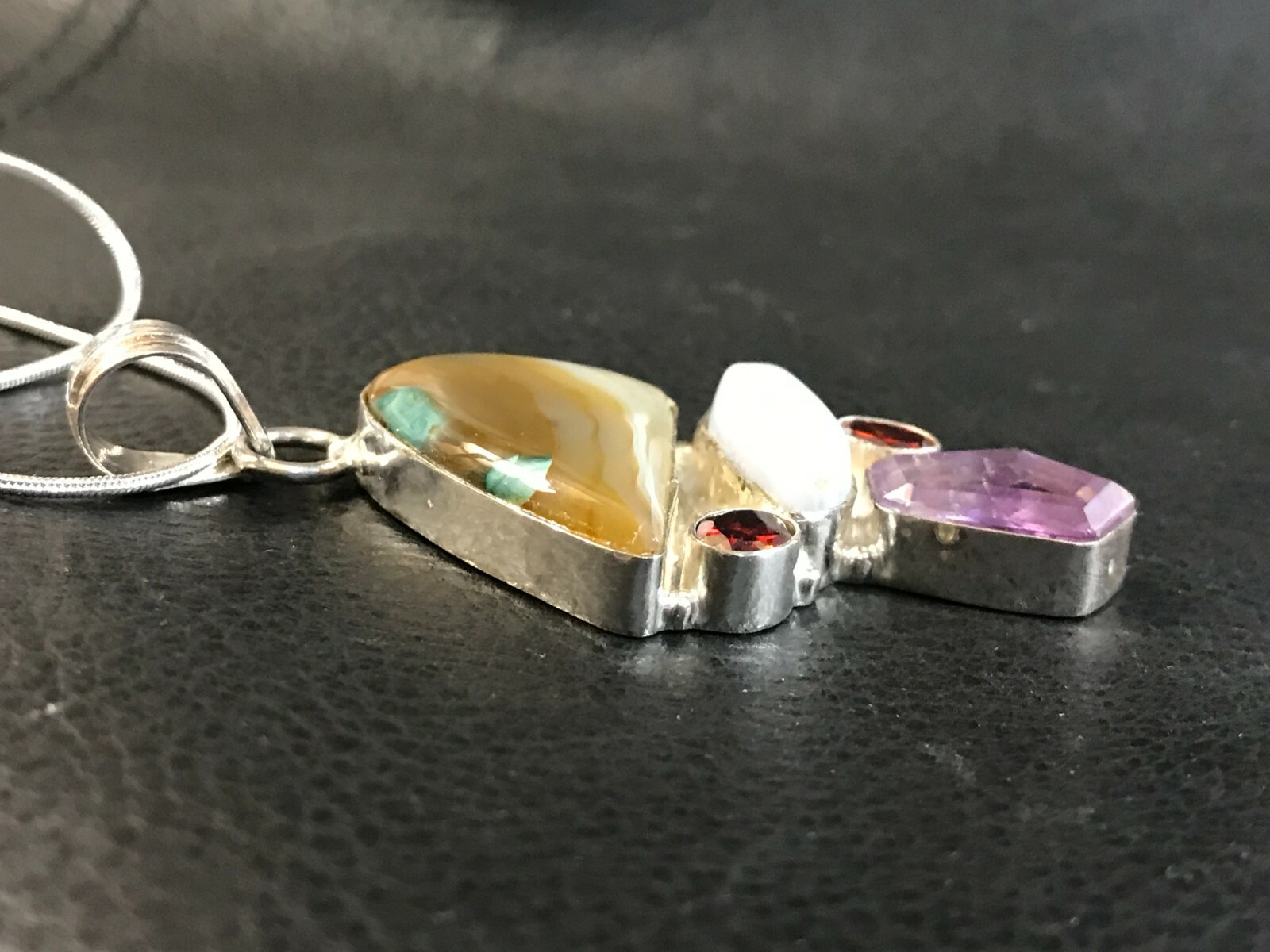 Amethyst Garnet White Agate Gemstones Modern Sterling Silver Pendant Necklace