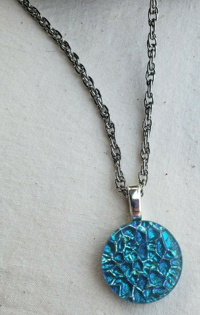 Glass Necklace Pendant with Long Silver tone 24″ Chain Unique 1″ Blue green