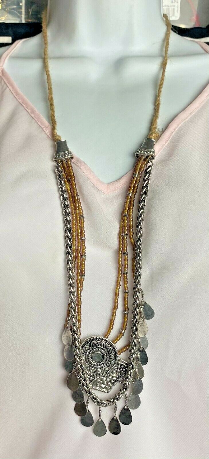 Costume Fashion Jewelry Necklace 18.5 in long twine & silver tone metal western