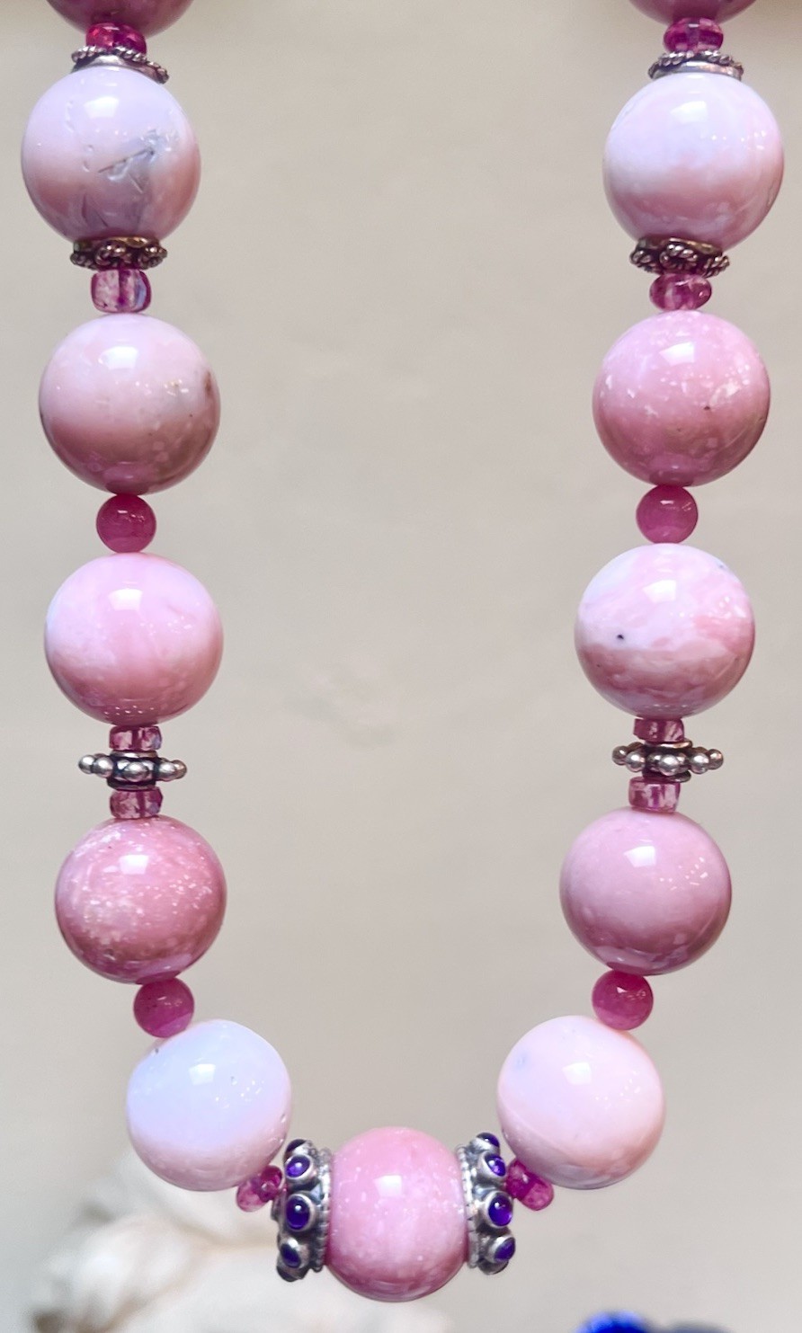 GORGEOUS LARGE Sterling Silver Round Peruvian Pink Opal, Pink Topaz Etc Necklace
