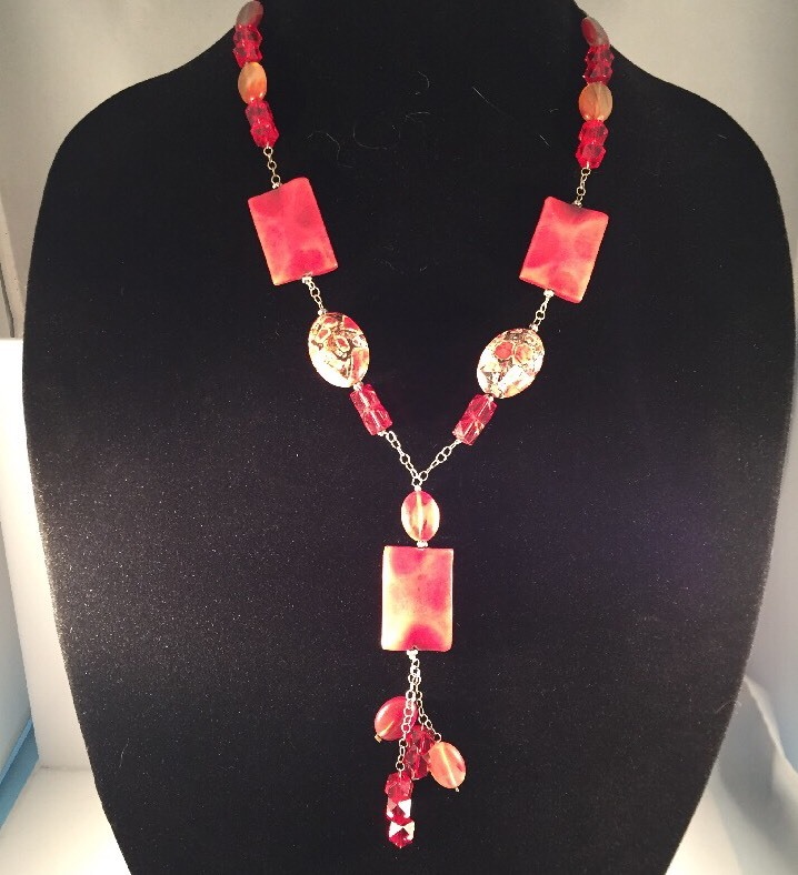 Handmade Red Glass Bead Strand Statement Necklace 22″ w 4 1/2″ Drop