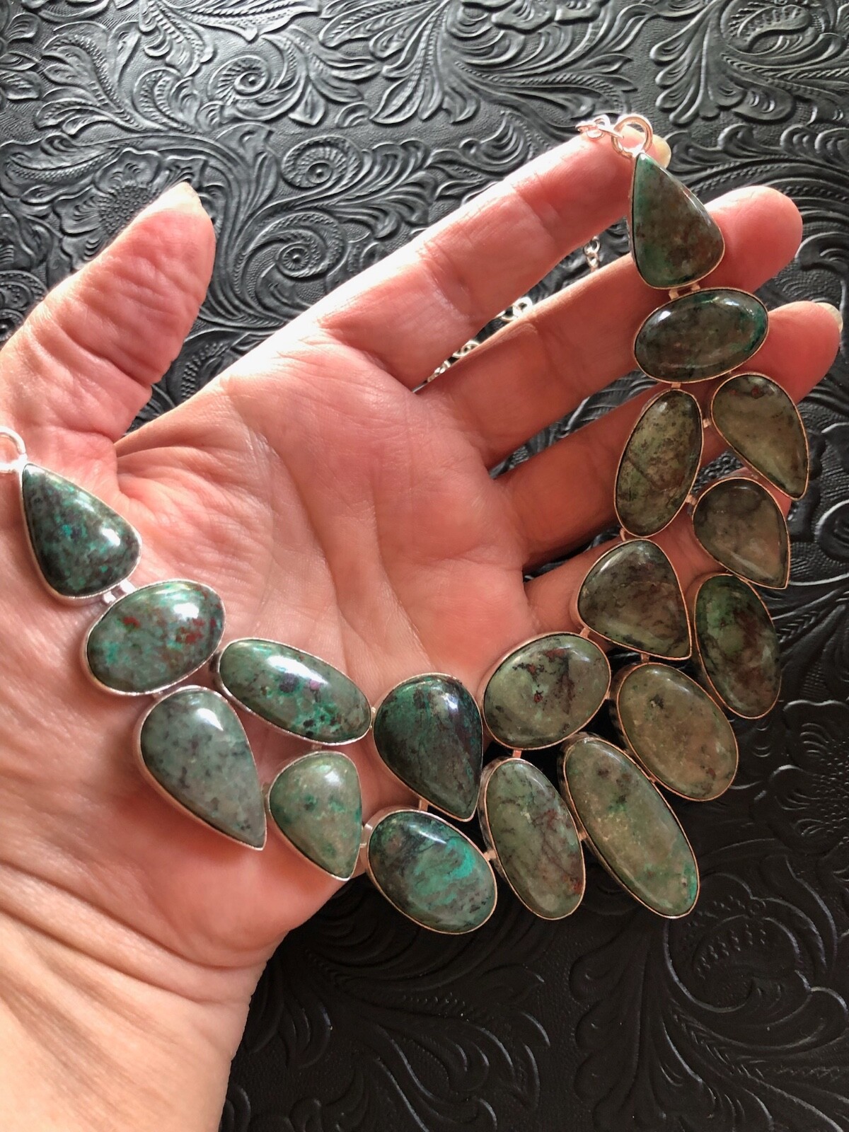 Green Turquoise Chrysocolla Many Stones Necklace 18-20″ Artisan Made