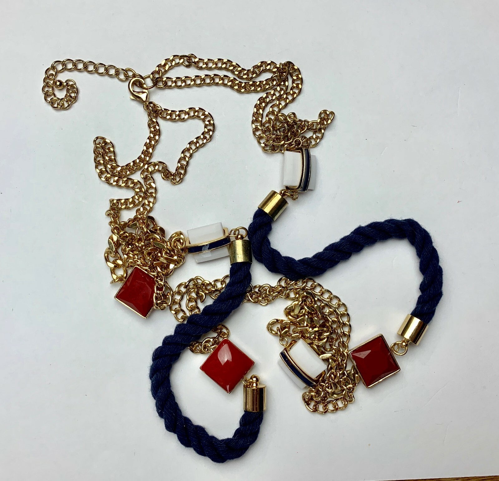 Costume Fashion Jewelry Necklace 54 inch red white & blue long necklace
