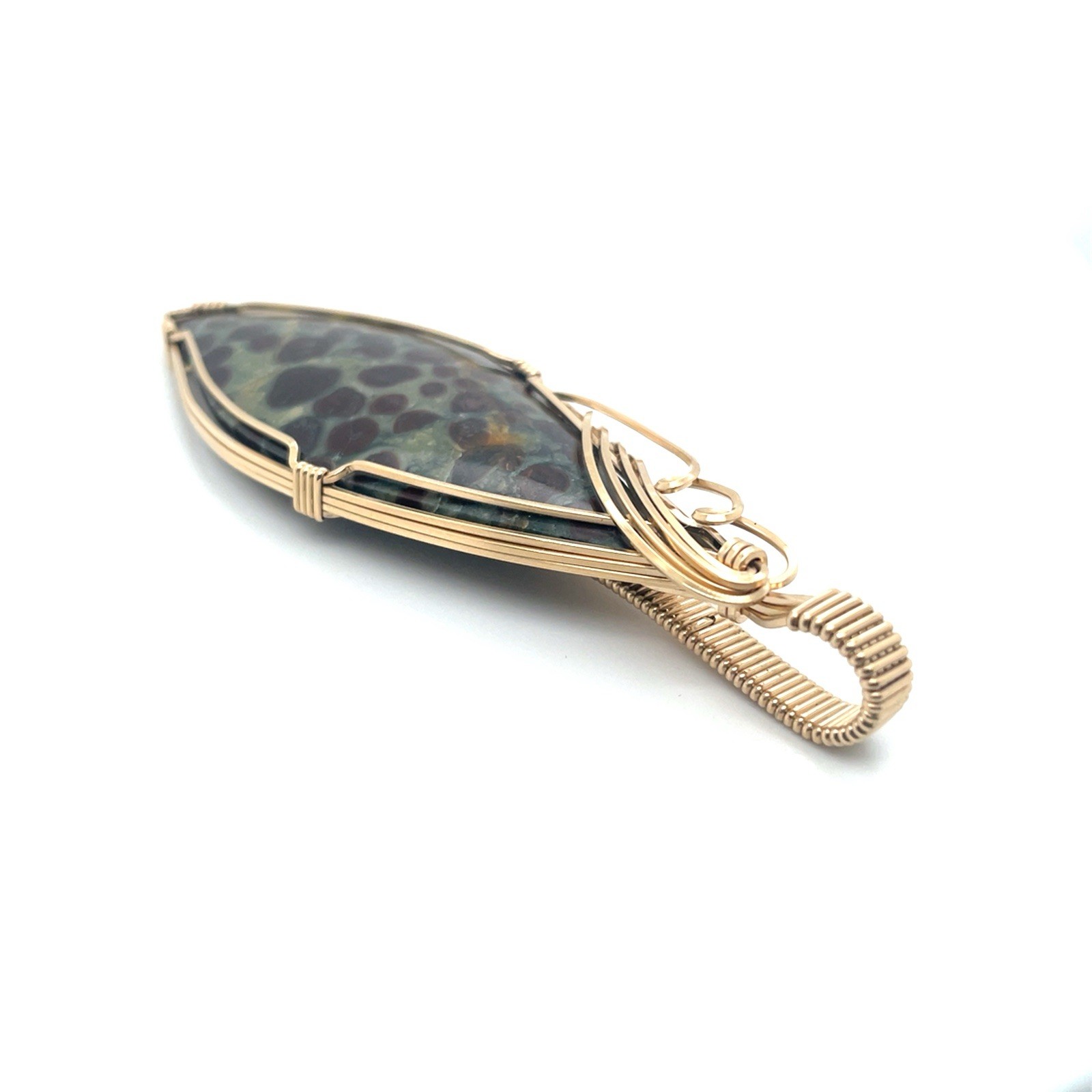 14k Yellow Goldfilled Wire Wrapped Spotted Agate Unique Shape Pendant Jim Fowler