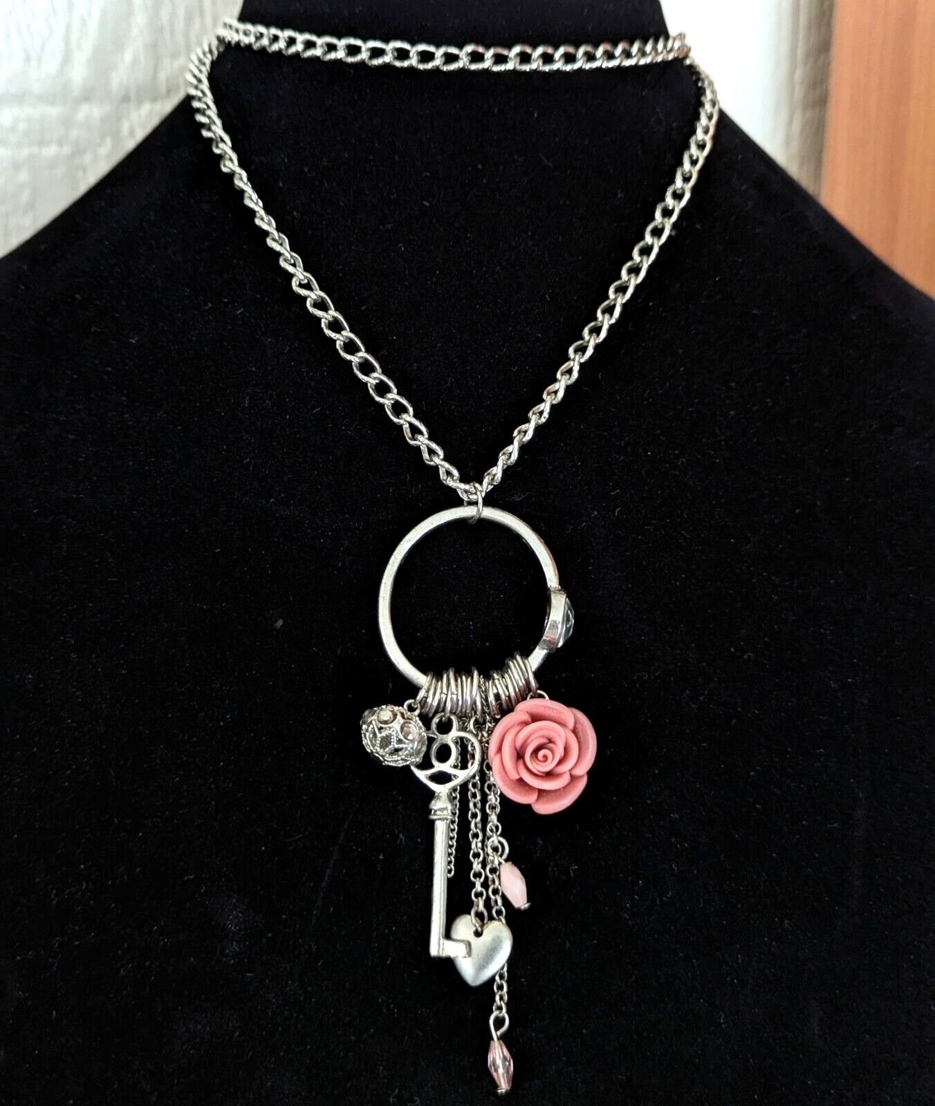 Long Fringe Charm Pendant Necklace Heart Key Rose Charms Layered Boho Jewelry