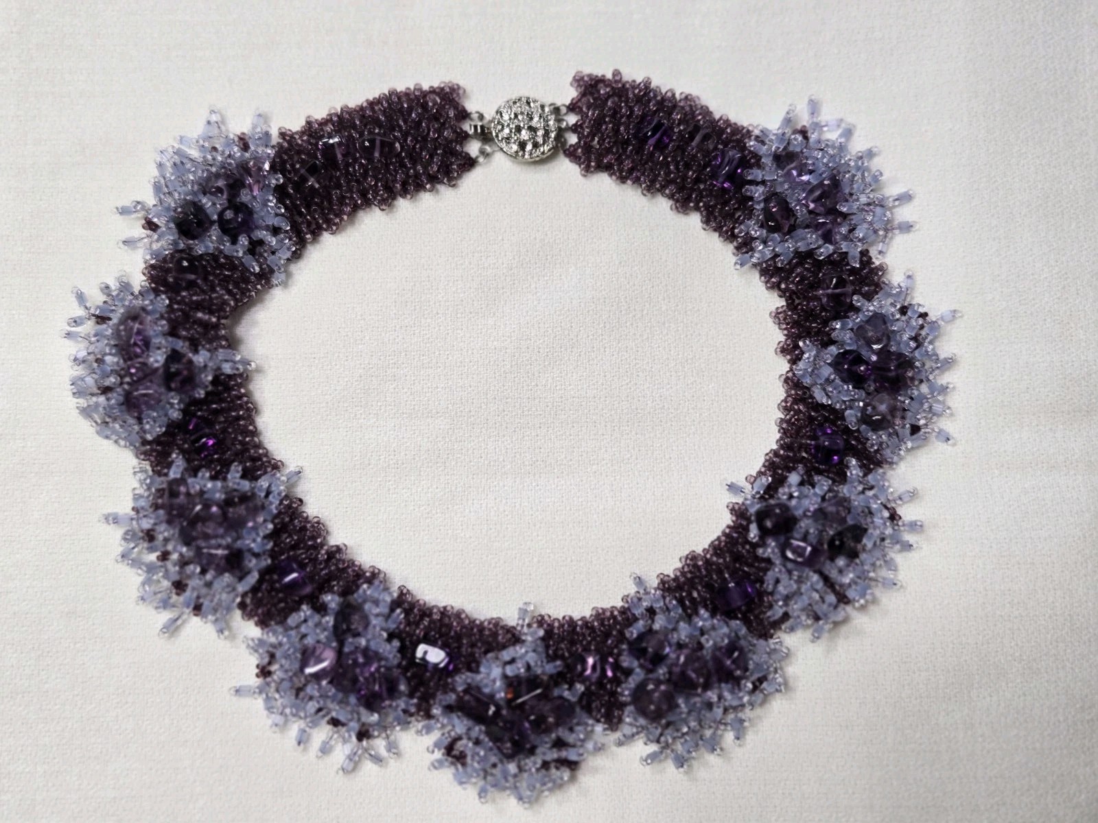 Handmade Purple Beaded Collar Necklace Amethyst Color Beads, Artisan Design