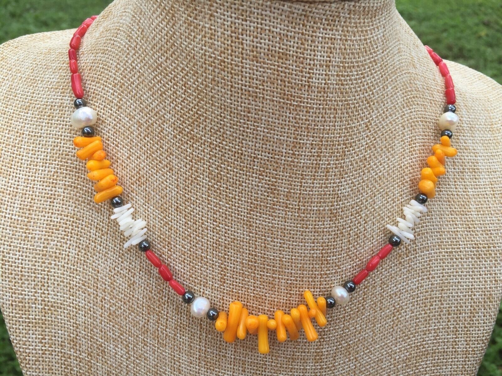 Handmade Necklace of Orange, White, Red Coral, White Pearls and Hematite Beads