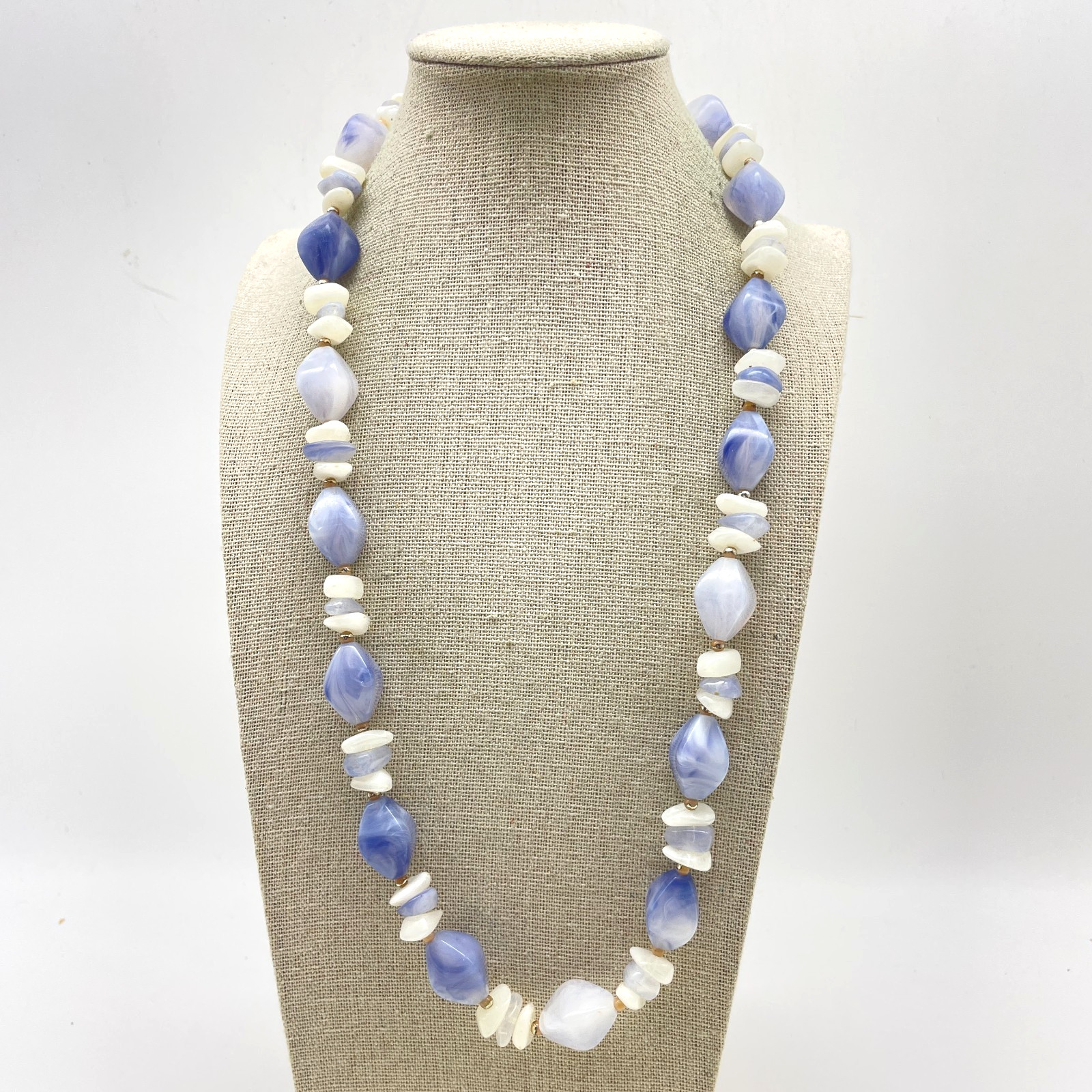 Vintage Blue and White Chunky Beaded Necklace Silver Tone