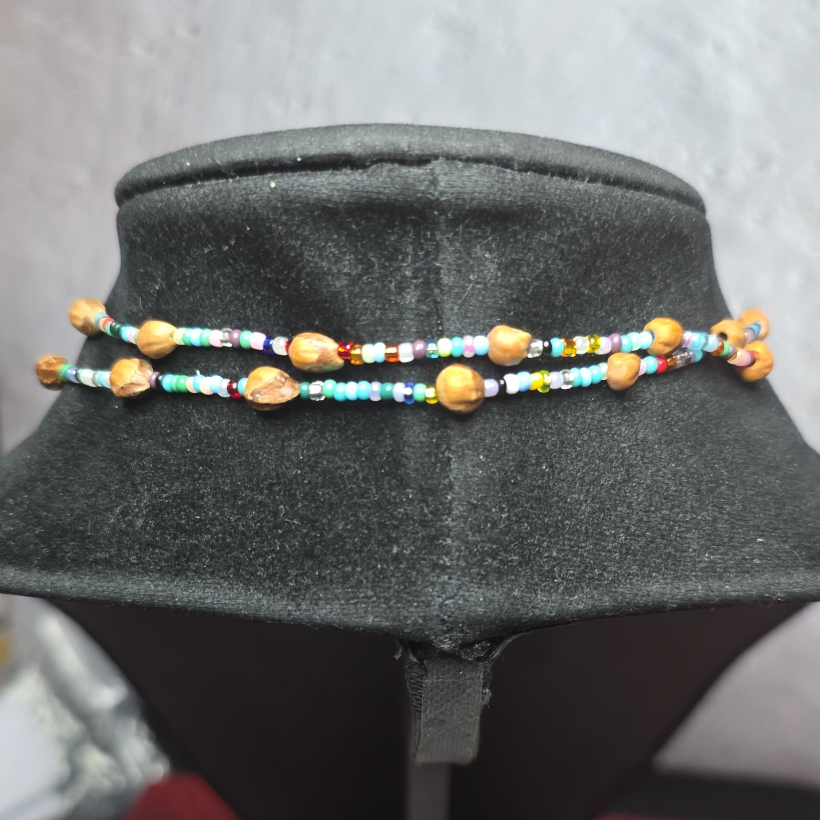 Multicolor Beaded Necklace Glass Wood Lariat Hook Closure Red Brown Unisex