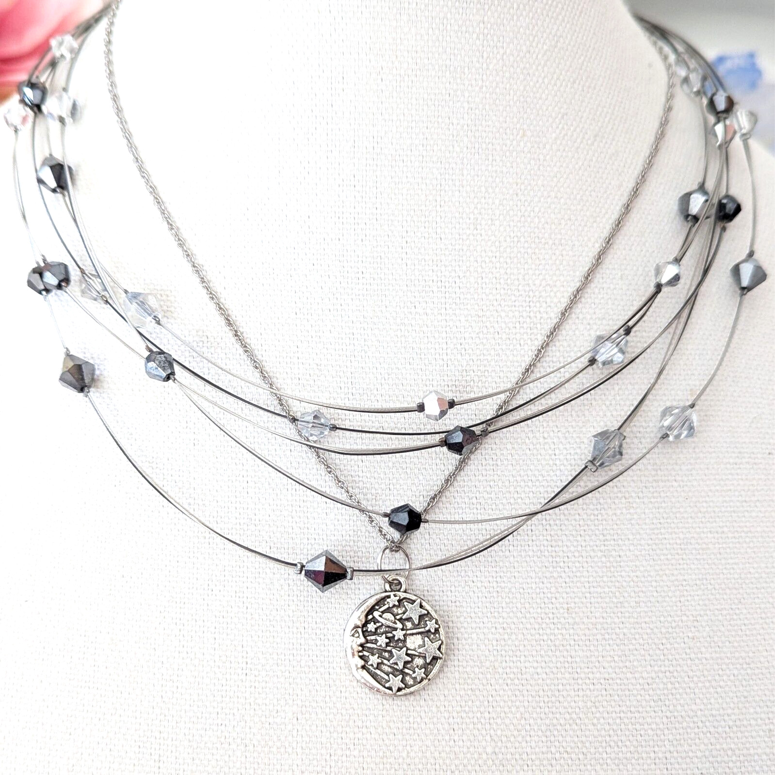 Layered Beaded Illusion Moon Stars Pendant Necklace Dainty Celestial Jewelry 17″
