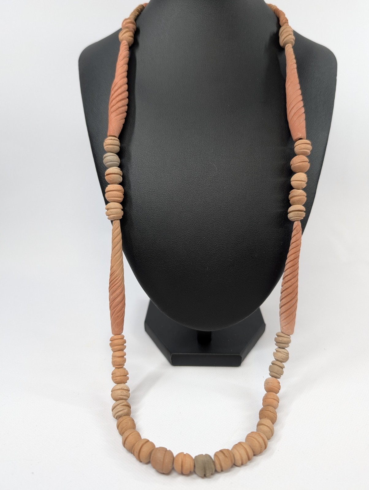 Vintage Hand-Carved Terracotta Clay Bead Necklace Spiral Tube Boho Folk Art 26″