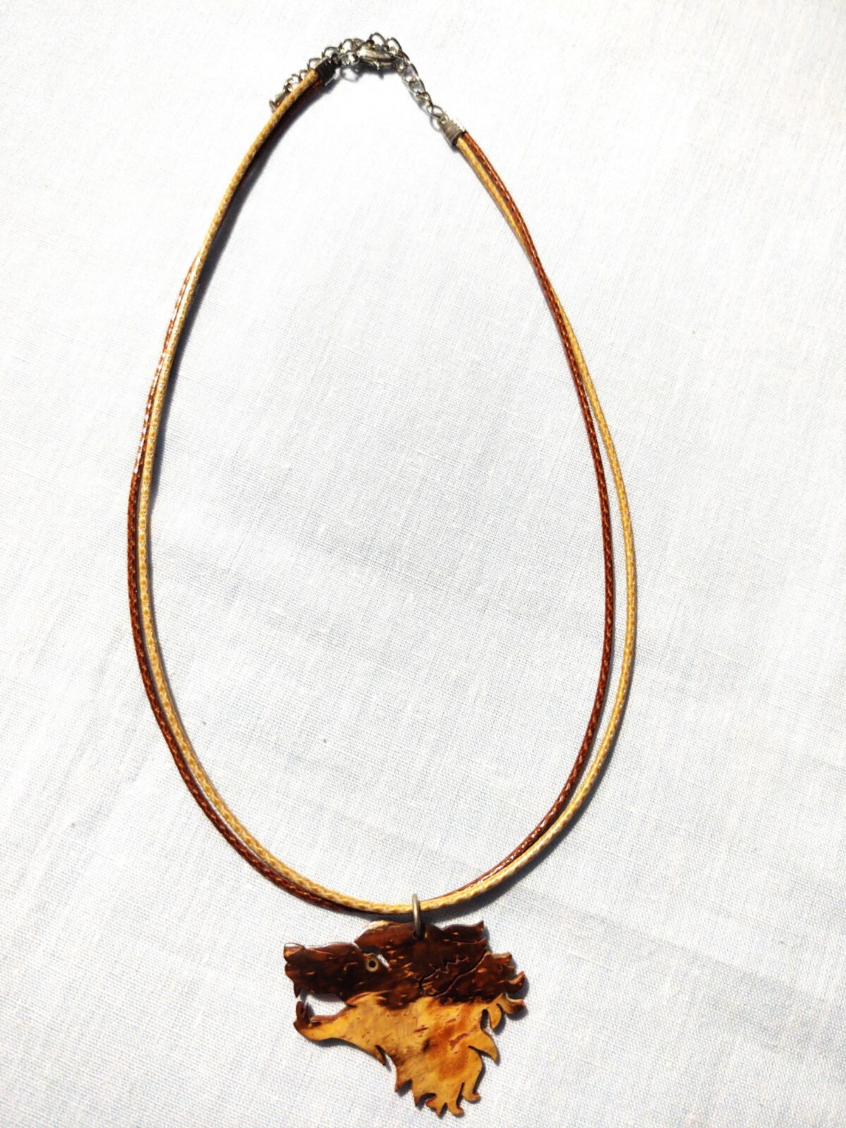 WOLF HEAD CUT OUT HALF AND HALF LIGHT TAN BROWN COCONUT SHELL PENDANT NECKLACE