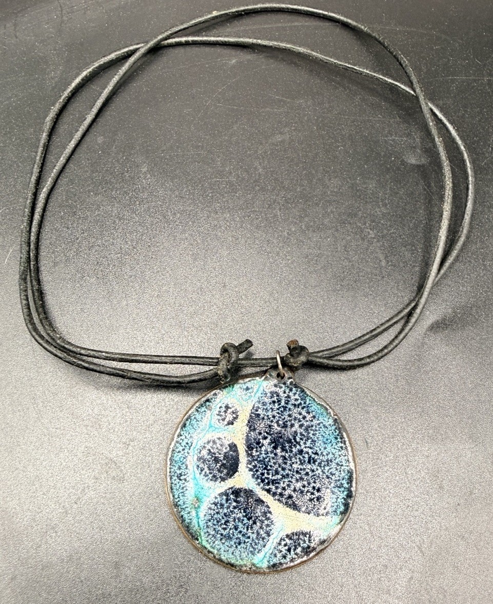 Reversible Artisan Enamel Copper Pendant Necklace Leather Cord Boho Handmade