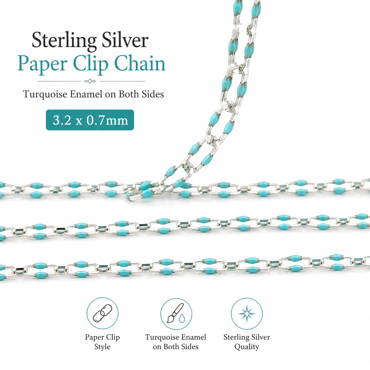 Sterling Silver Paper Clip Chain with Turquoise Enamel, Squared Wire Chain 3.2×0