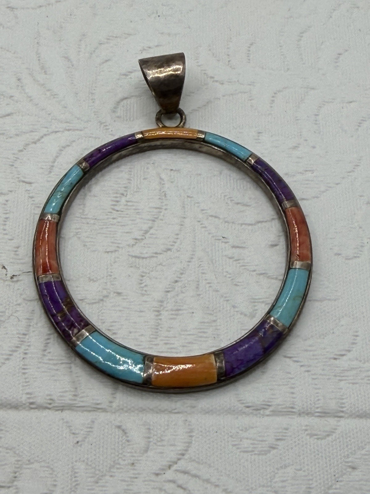 Sterling & Natural Stones Inlaid Purple Turquoise Orange Round Pendant