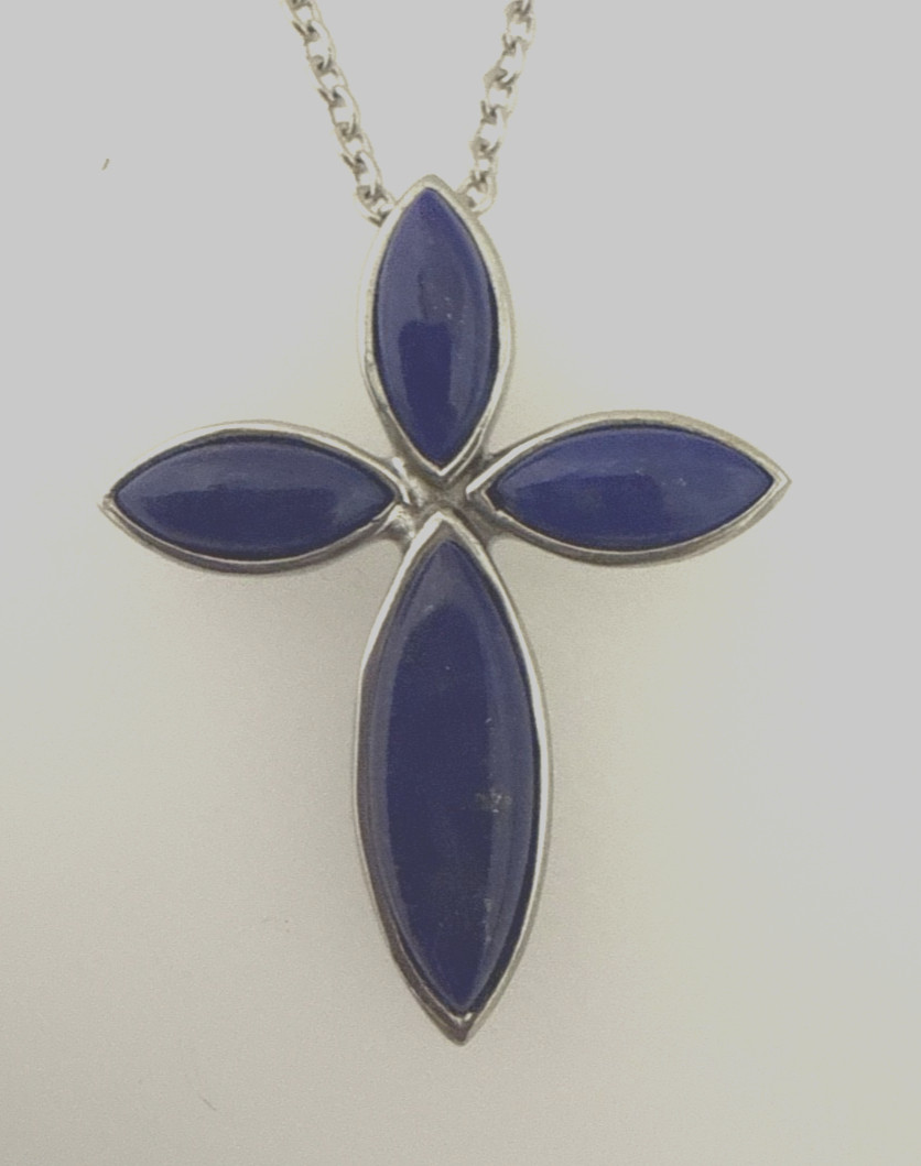 Rhodium 1 1/4″ x 1 1/2″ Lapis Cross 21″ Cable Link Necklace