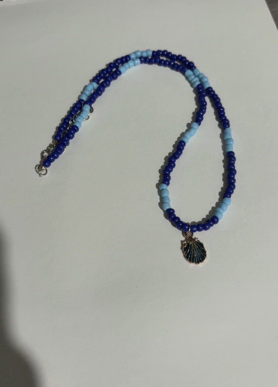 Handmade Seashell Glass Seed Beaded Necklace Beach Boho Vacation Baby Navy Blue