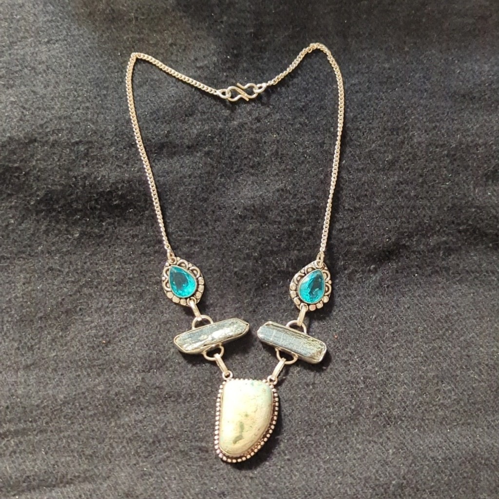 Silver Plated Blue Amazonite Black Tourmaline Gemstone Crystal Statement Necklac