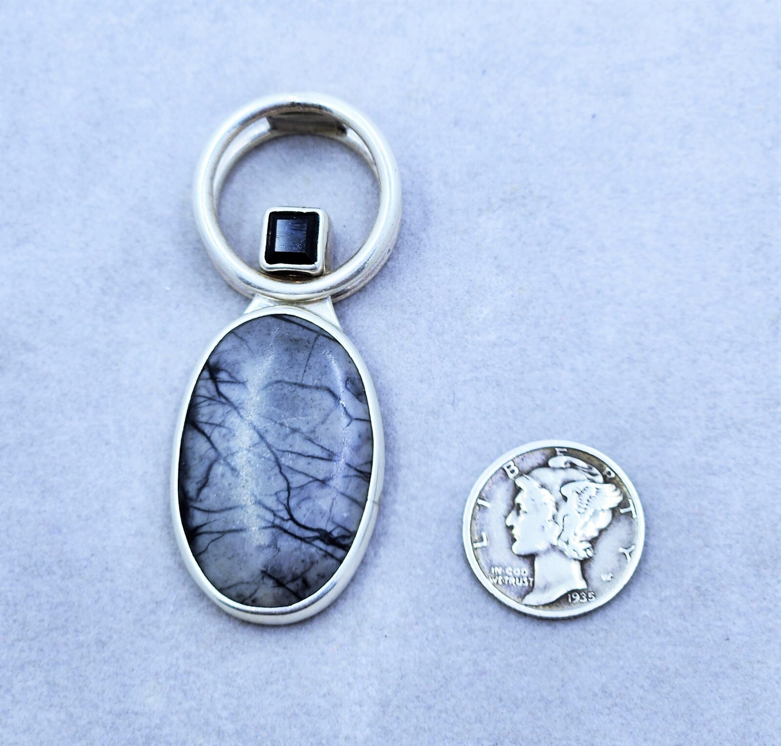 Charles Albert 950 Sterling Silver Picasso Jasper and Faceted Onyx Slide Pendant