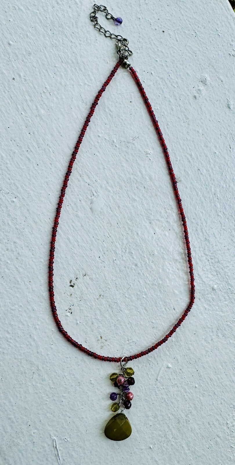 Red & Purple Seed Bead Necklace With Dangling Mixed Gemstones 16”-17”