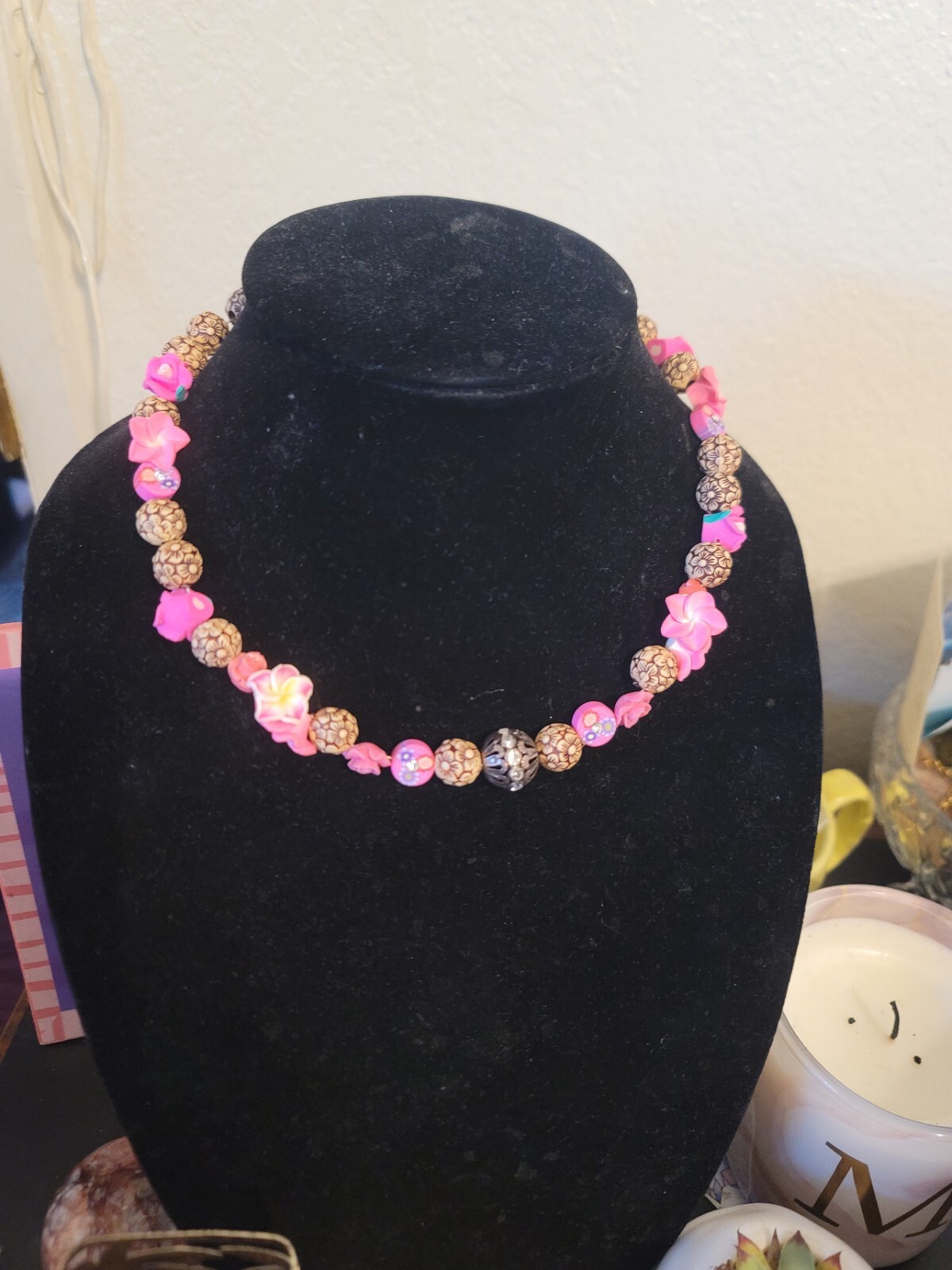 Handmade pink and brown Choker Necklace
