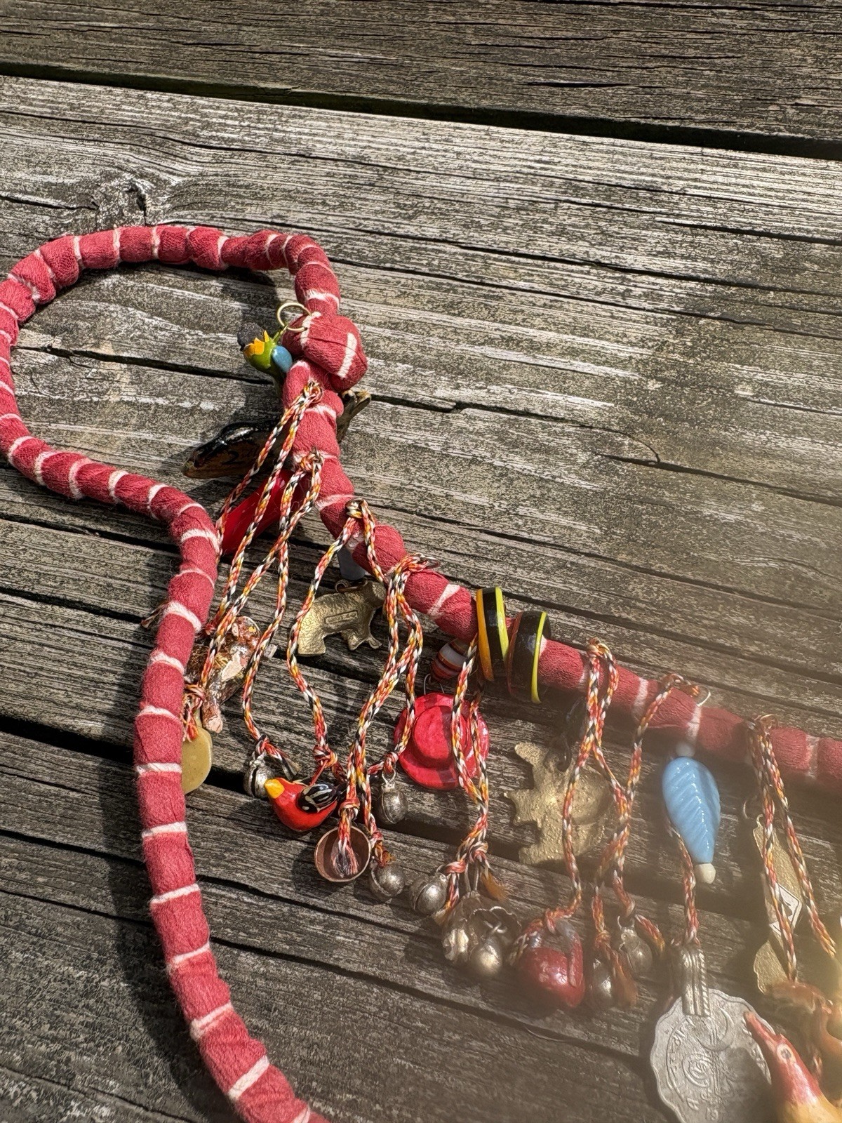 Handcrafted Natural Charms & Beads Necklace Artisan Boho On Fabric Cord
