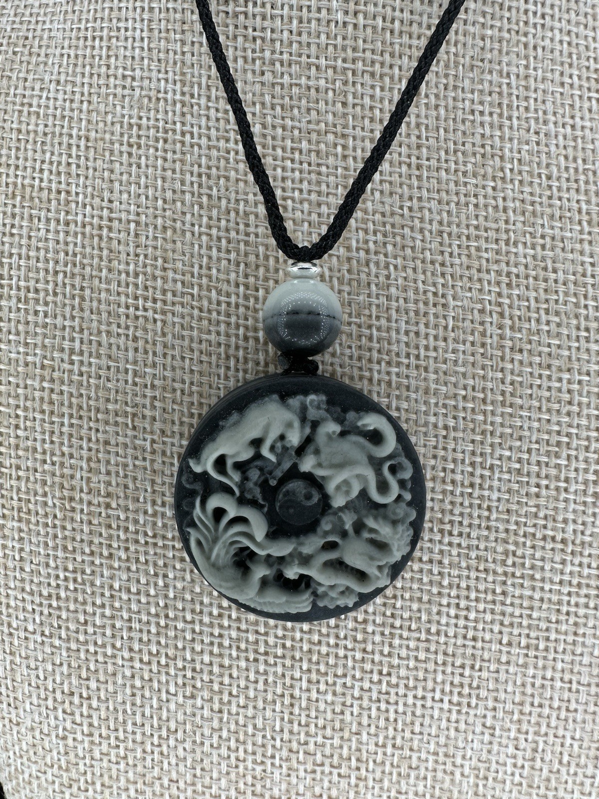Tai Chi Stone Phoenix Dragon Tiger Snake Pendant Necklace Silver Accent On Rope