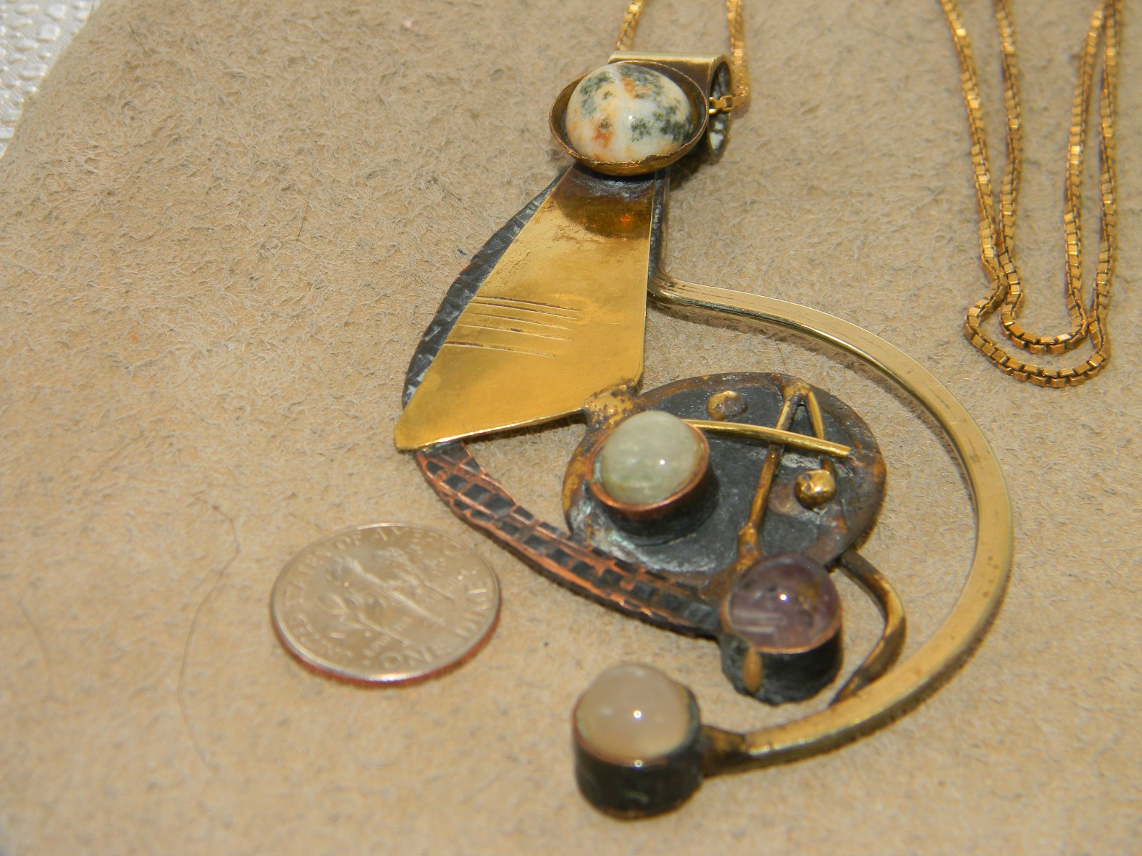 Large Brass, Copper and Quartz Modernist Design Pendant on 925 Chain Necklace