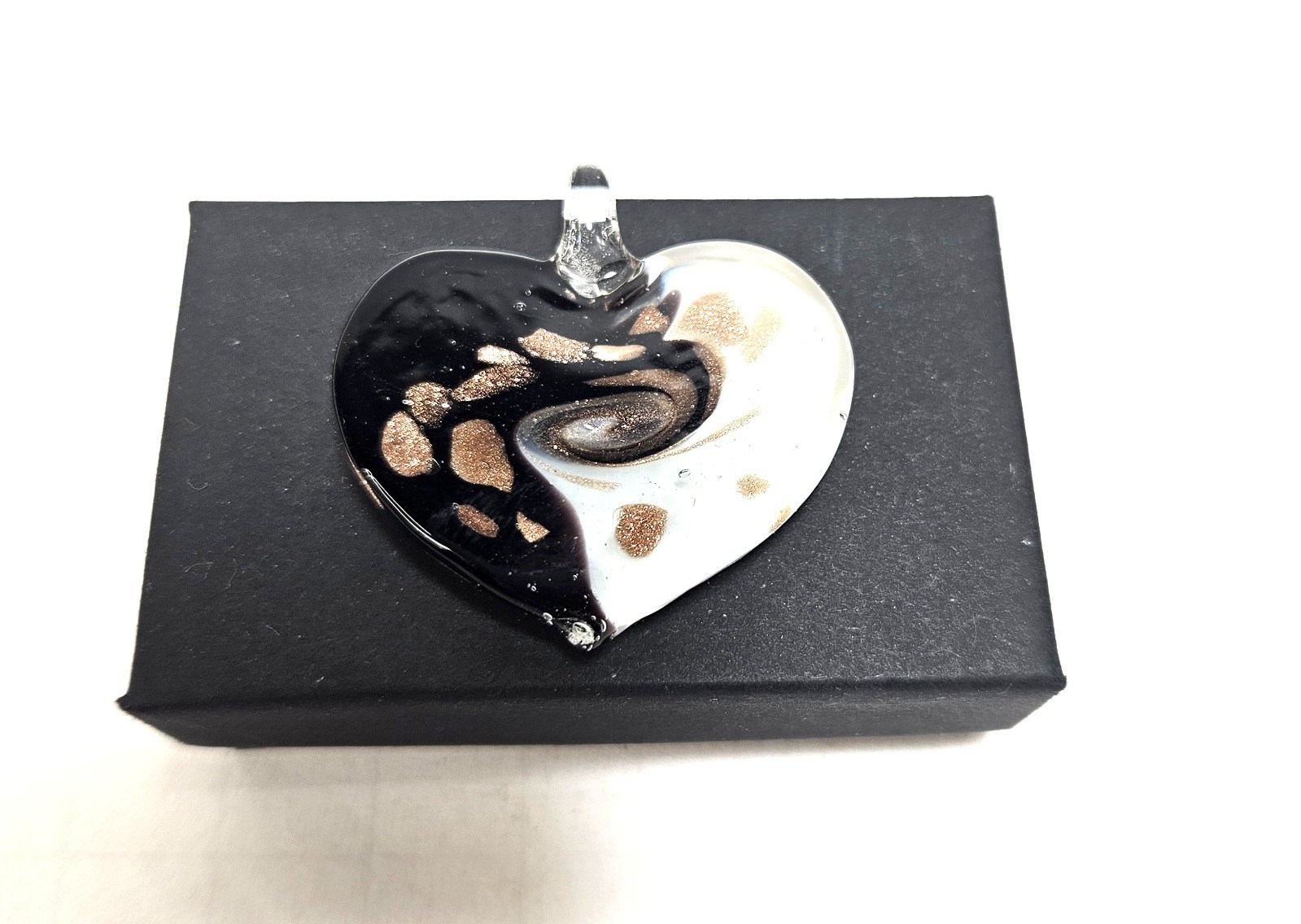 Art Glass Heart Shaped Pendant Black White Copper Swirled 1.5″ W X 1.5″ H