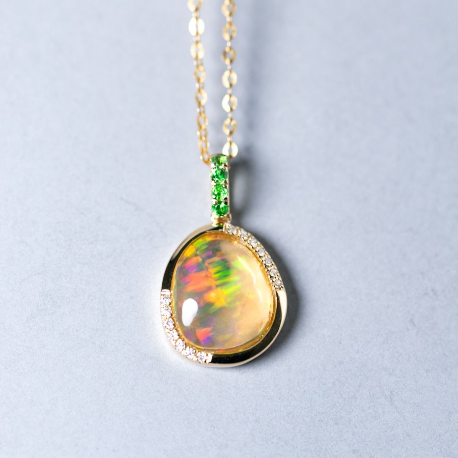 Elegant Mexican Fire Opal, Diamond Tsavorite Pendant ONLY 18K Yellow Gold