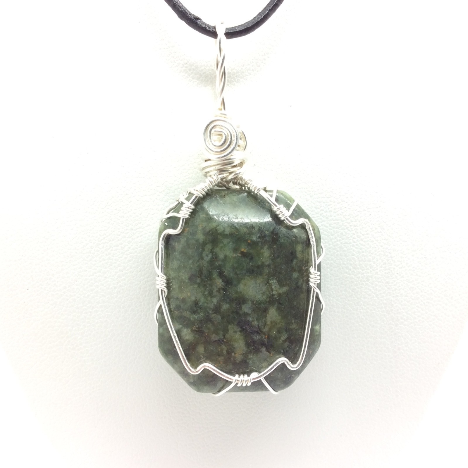 Wyoming Jade Cab Silver Wire Wrap Pendant Green Nephrite Jade Stone Necklace