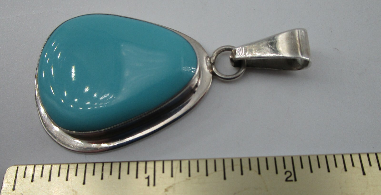 Sterling Silver Pendant Pear Shape Cabochon Turquoise Mexico 2-1/8″ Sign ATI