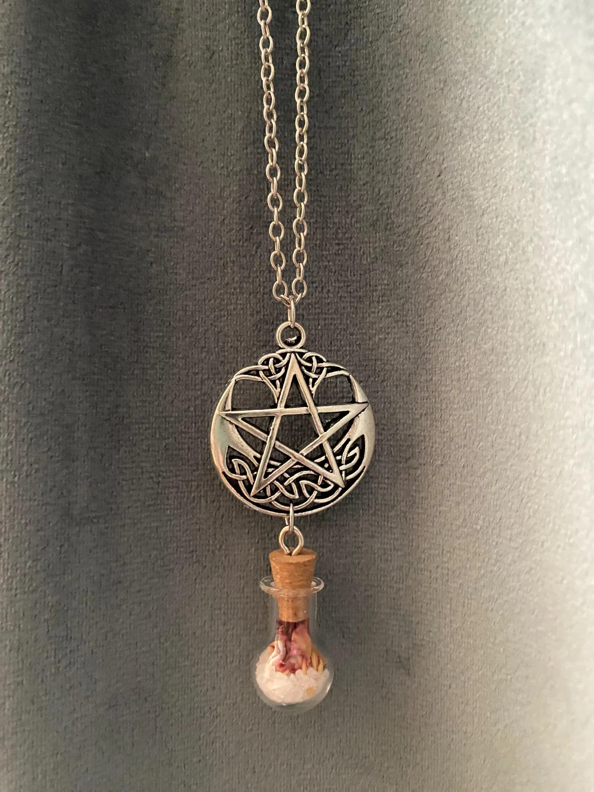 Pentacle Necklace Vial of Salt and Carnation Petals Love Protection