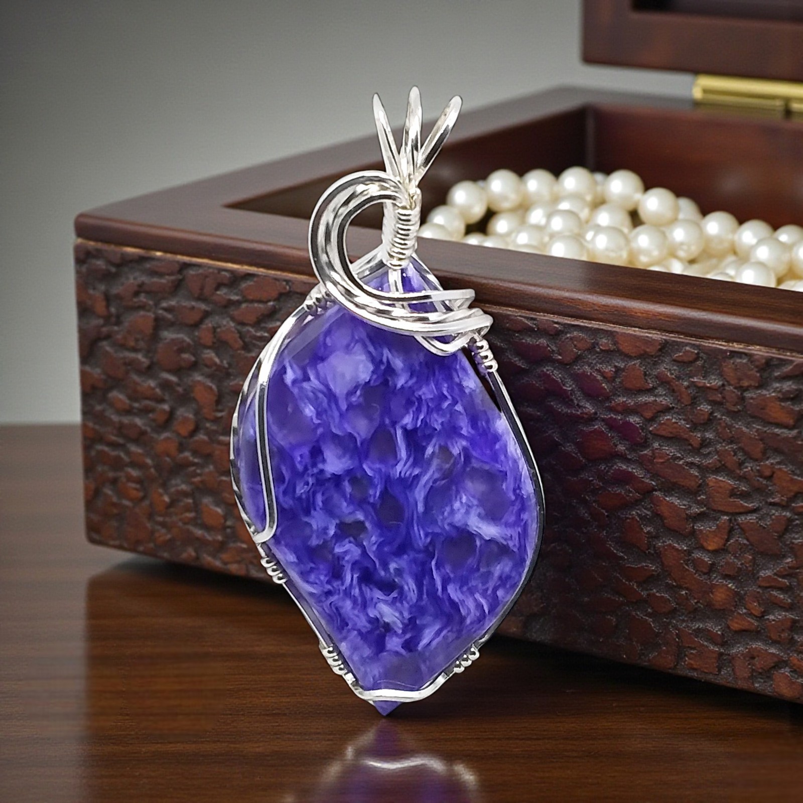 Charoite, wire-wrapped, necklace, sterling silver, #2098