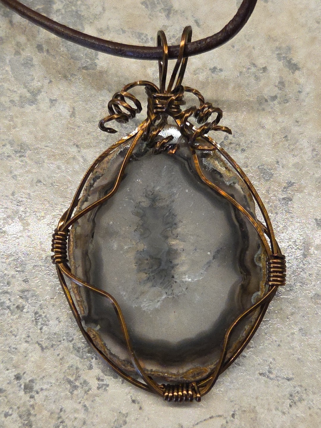 Copper Wire Wrapped Stone Pendant 2.5″x1.5″ w/34″ Cord Necklace Artisan Boho