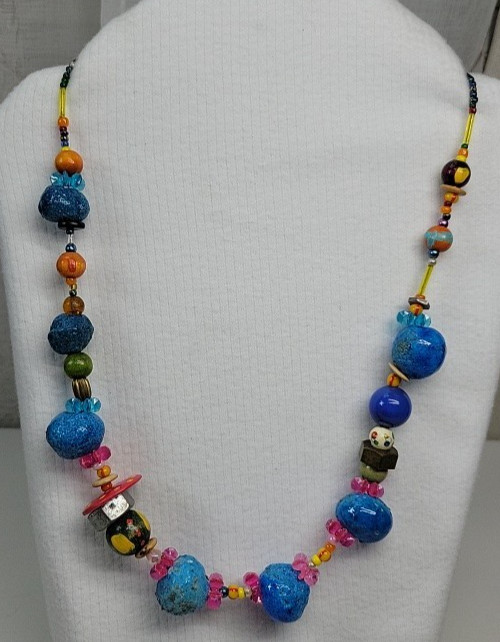 Colorful Boho Artisan Made Necklace Clay, Glass, Wood Beads & Nuts 28″